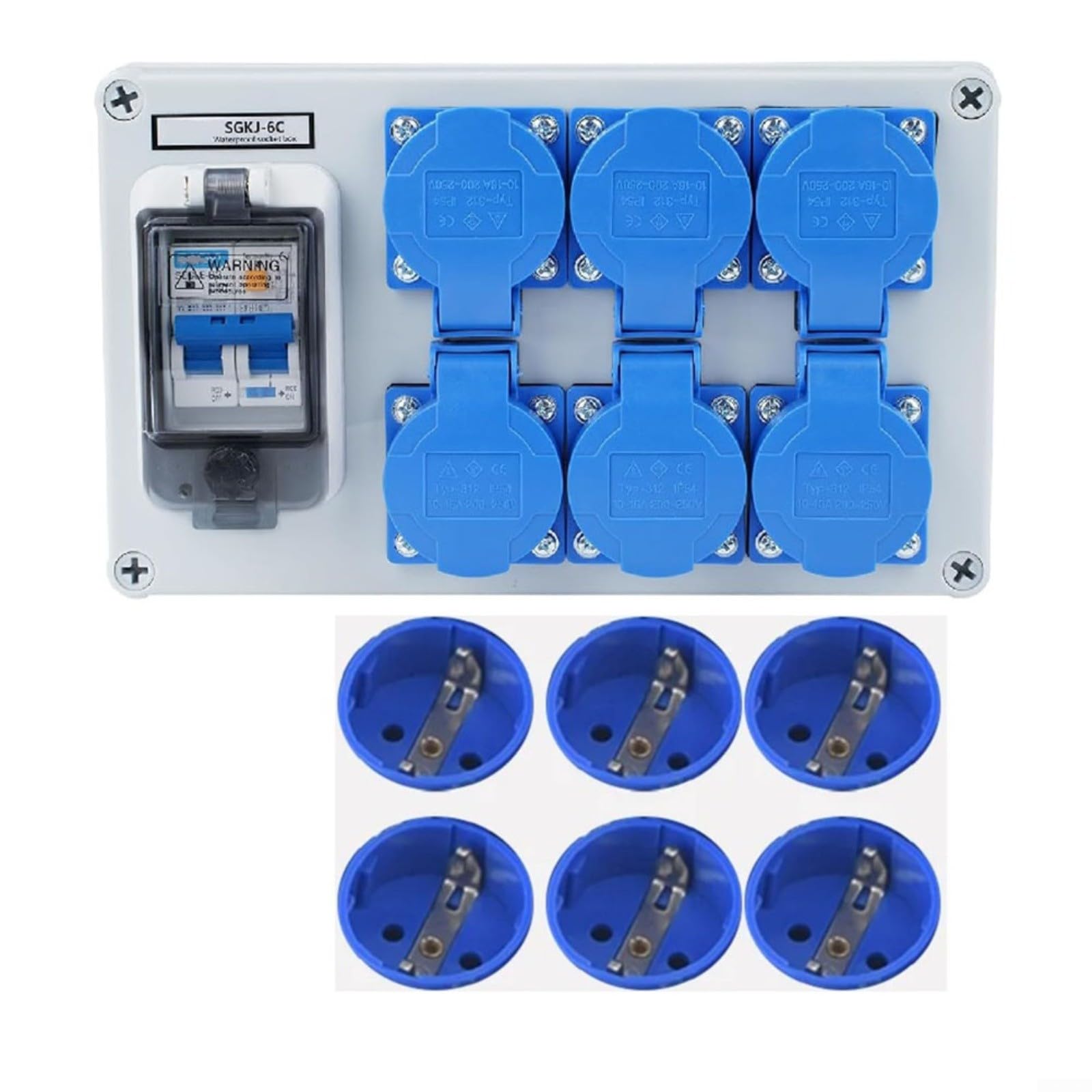Distribuidor de pared IP54 de 6 vías con interruptor FI, 1P+N, 250 V/16 A, carcasa ABS, para taller, garaje y exteriores