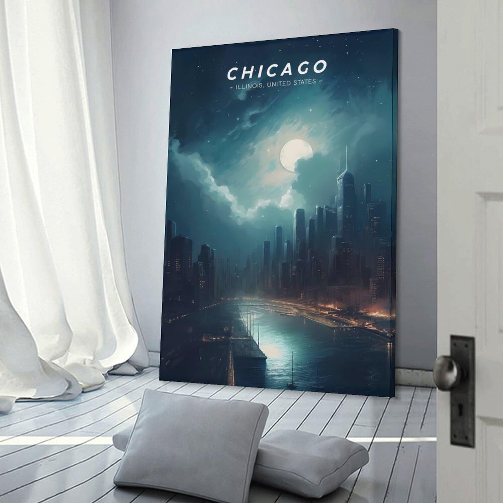 Junmoney Canvas Wall Picture Chicago Urban Skyline, 20x30inch(50x75cm), for Restful Interiors, Bedrooms Or Small Rooms, Home Artwork with A Soft Interior Feel