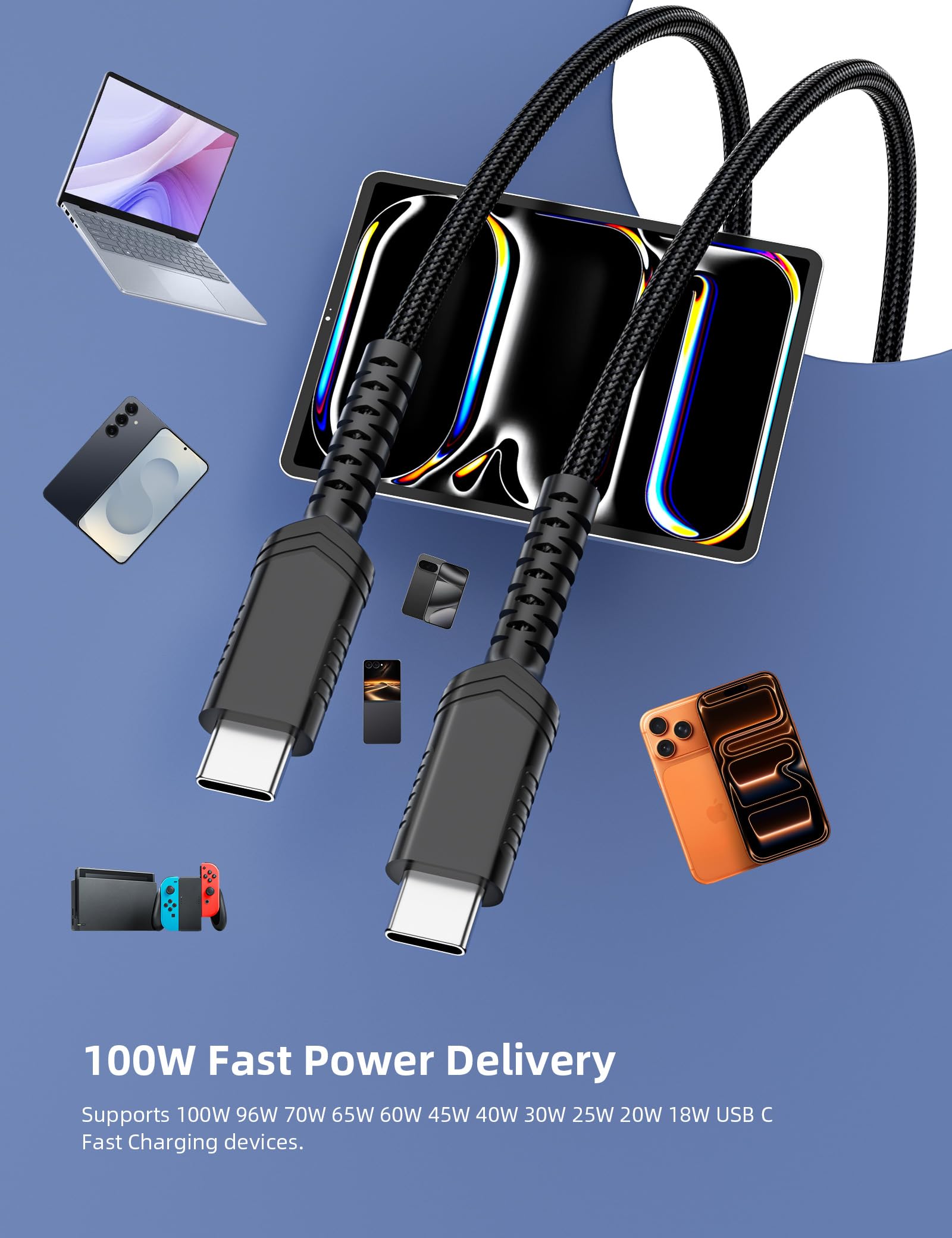 Cavo USB C per ricarica rapida, 5 A, 100 W, 65 W, 45 W, 40 W, 30 W, da USB-C a USBC, resistente alla piegatura, cavo di ricarica PD intrecciato per Dell per computer portatile Asus per iPhone 17 Pro