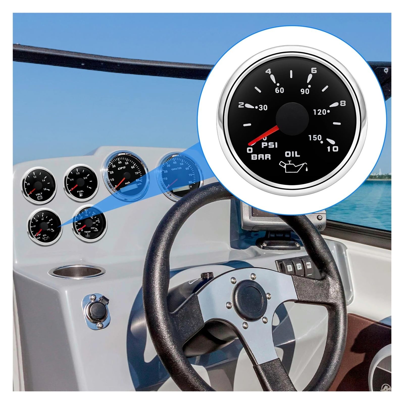 Jauge de pression d'huile + capteur, lumière 7 couleurs 52mm, indicateur de pression d'huile 5Bar/10Bar for voiture Yacht bateau 12V 24V Lectures claires(WS 0-10 Bar)