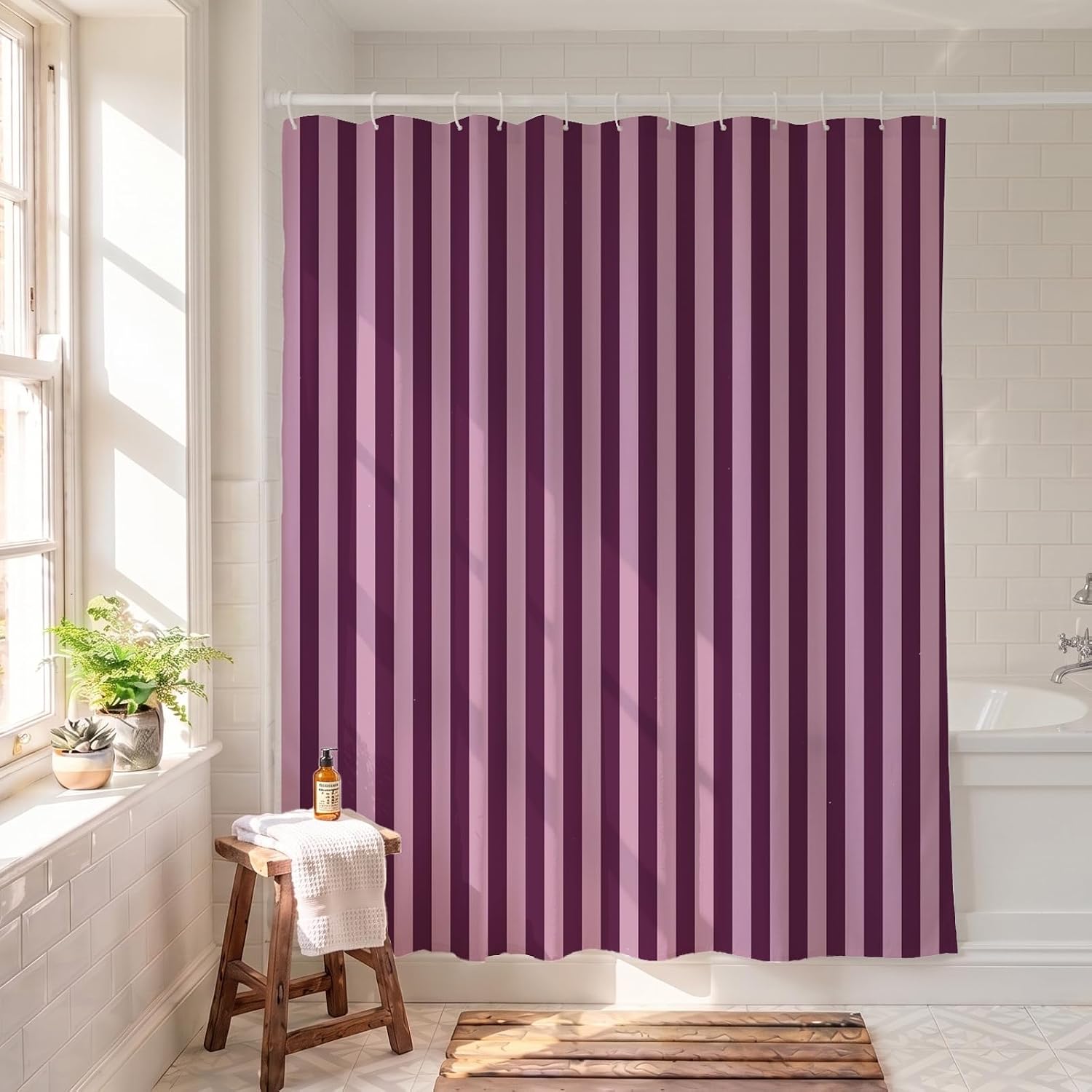 Striped Shower Curtain 72x72 inch, Waterproof Polyester Fabric Bathroom Shower Curtain Set with Hooks, Modern Minimalist Stripe Design for Bathroom Decor (Plum and Pink)