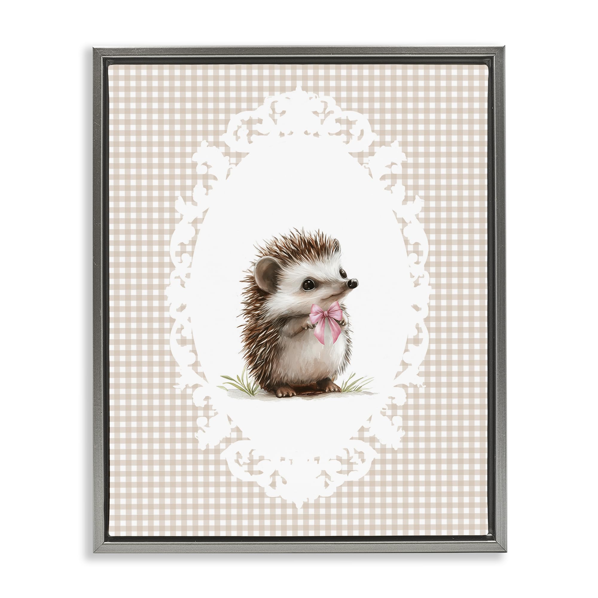 Stupell Industries Vintage Bow Hedgehog Gingham 'Vintage Bow Hedgehog On Gingham', Floating Frame Canvas Art, Gray, 25 X 31 Inches, Easy To Hang And Sturdy, Made In Usa, By Christine Simpson Art