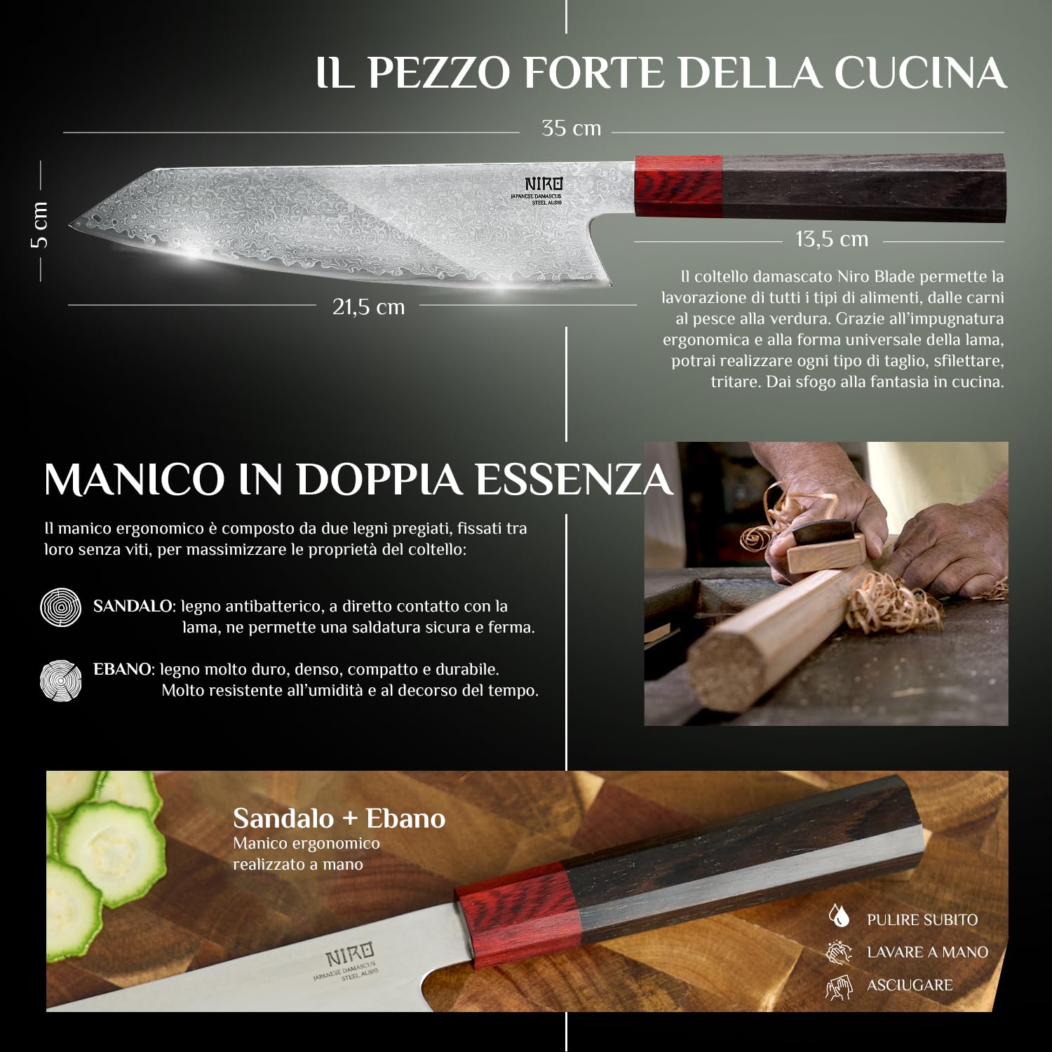 NIRO | Coltello Giapponese Professionale | Kiritsuke| Acciaio Damasco AUS-10 | Durezza HRC 60-61| 67 strati | Manico Pregiato in Ebano e Sandalo | Bilanciato | Forgiato a Mano | Resistente all'usura