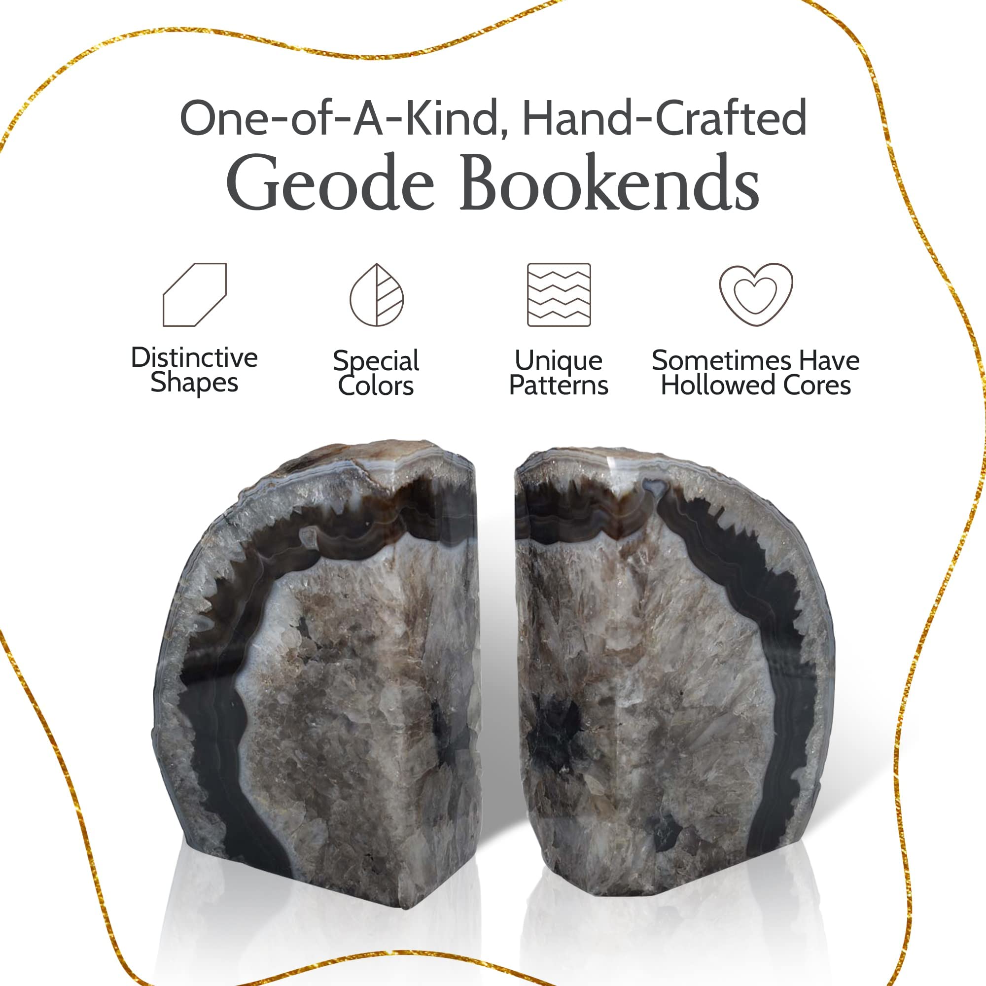 Nature's Decorations Fermalibri in agata nera – Fermalibri in cristallo decorativo resistente di grado A, non tossico, per scaffali e librerie, decorazione per librerie in geode lucido, 1 paio da 0,9