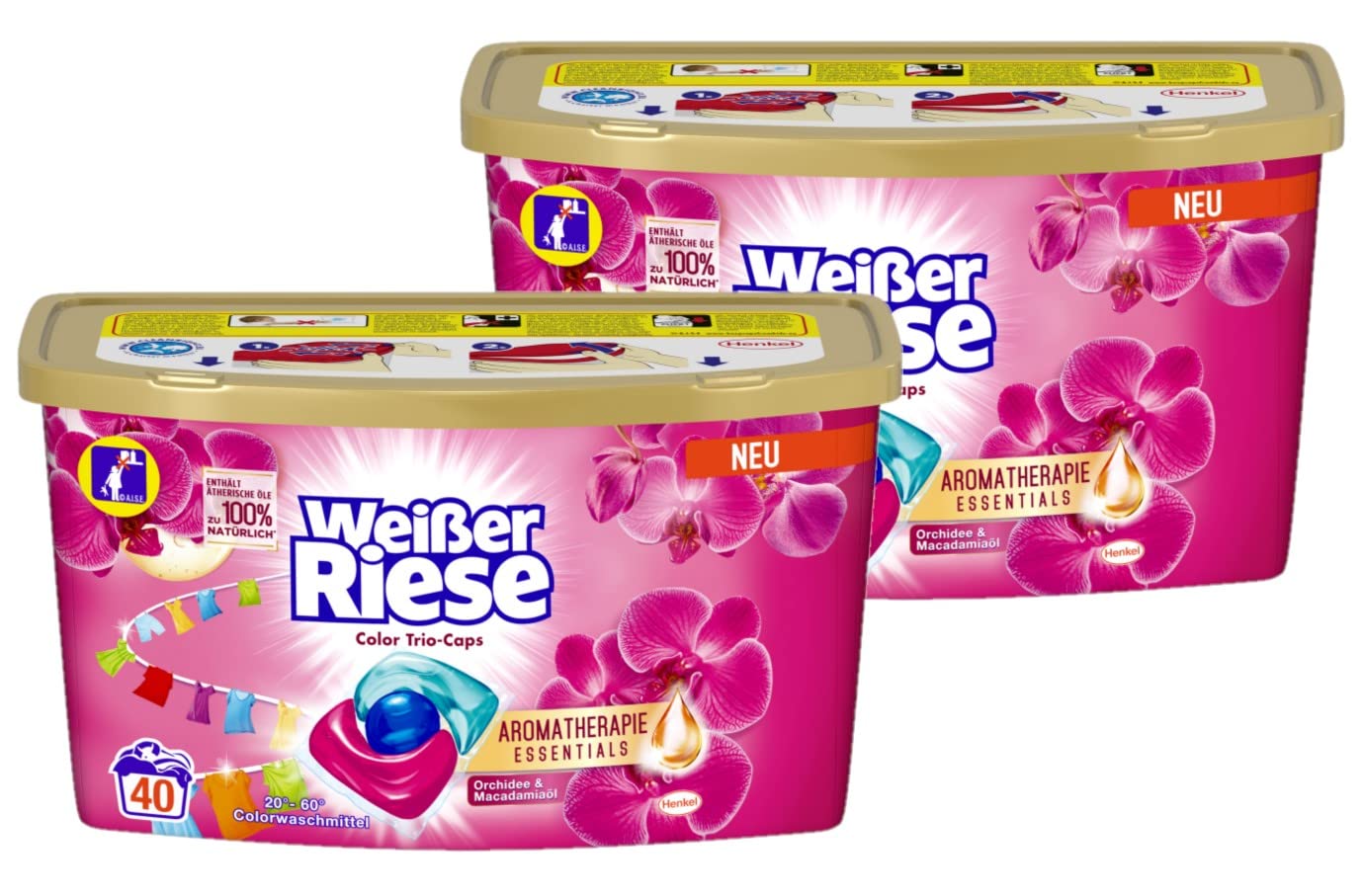 Weißer Riese Color Trio-Caps Aromatherapie Essentials 80 (2x 40) Waschladungen, Waschmittel mit Orchidee & Macadamiaöl, pflegendes Colorwaschmittel mit ätherischen Ölen, die zu 100% natürlich sind