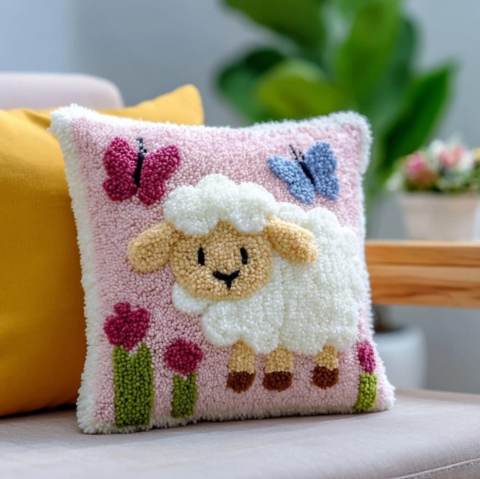 WallustrioaW Latch Hook Cushion Cover Kits 43x43cm,Sheep and Butterfly