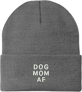 Trendy Apparel Shop Dog Mom AF Embroidered Winter Long Cuff Beanie - Grey