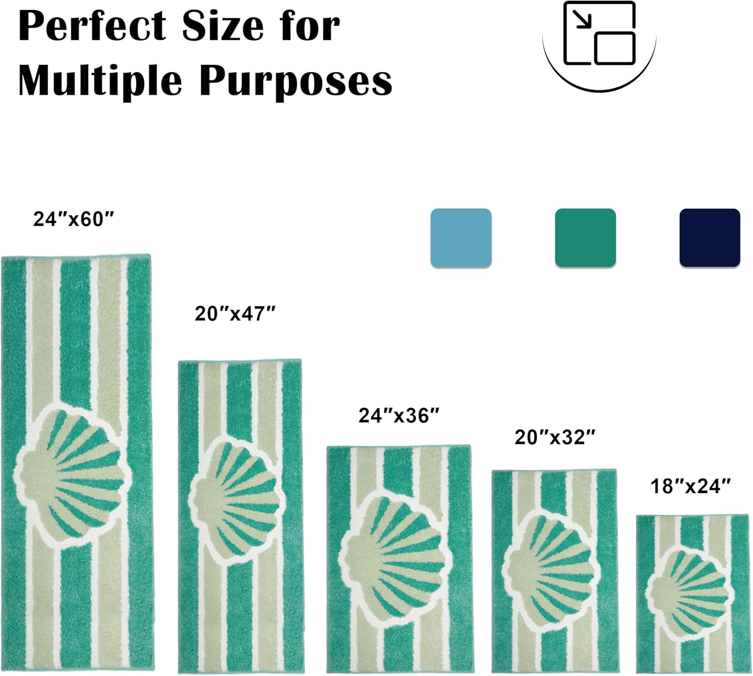 Green Beach Long Bathroom Rugs Non Slip Washable Cute Coastal Bath Mats Rugs for Bathroom Floor Nautical Fluffy Plush Soft Absorbent Farmhouse Carpet for Shower, Tub, 24x60 inch