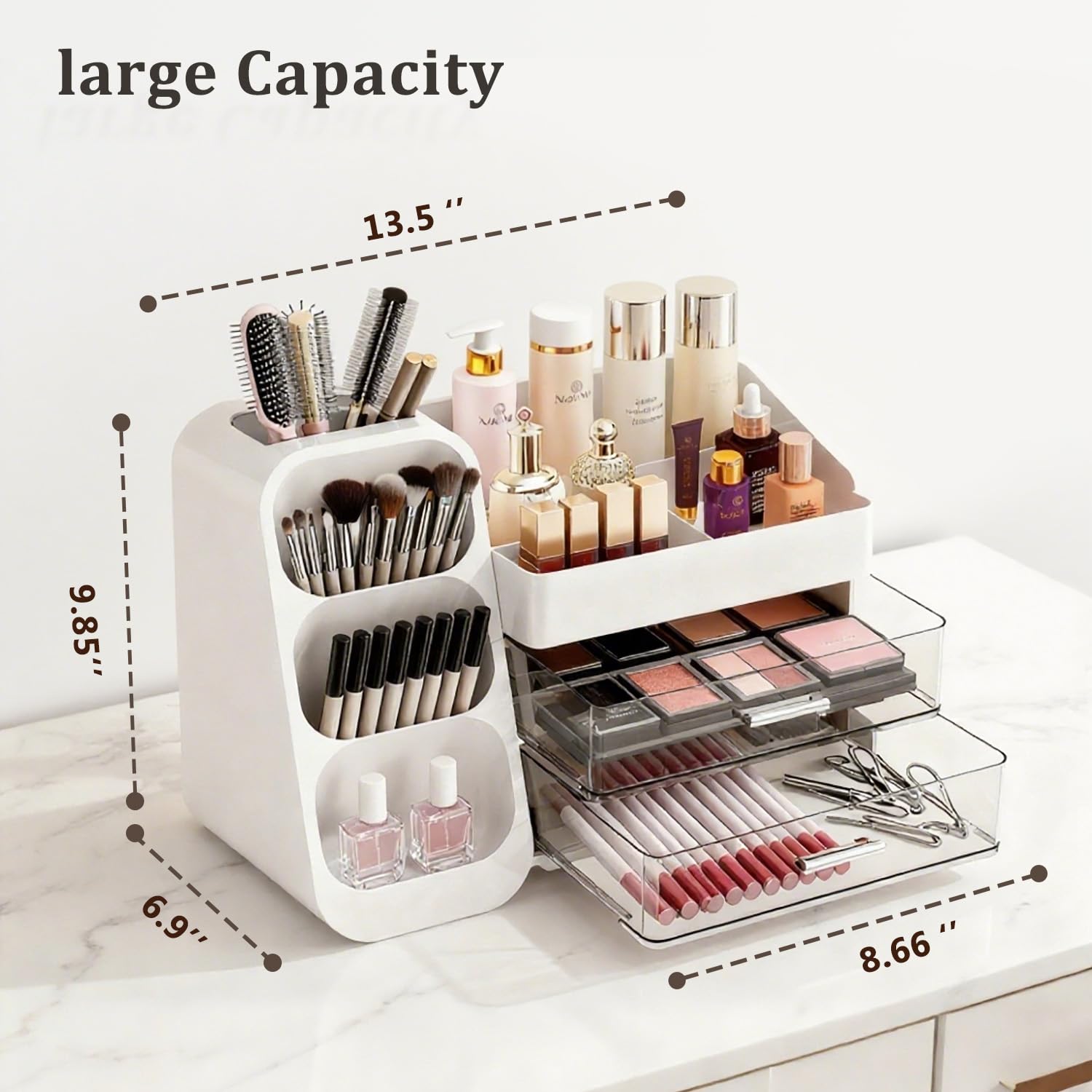 Make-up-Organizer mit Pinselhalter für Schminktisch, geräumige Kosmetikvitrine mit 2 Schubladen, der perfekte Badezimmer-Organizer für Beauty-Essentials, Hautpflege, Lippenstifte
