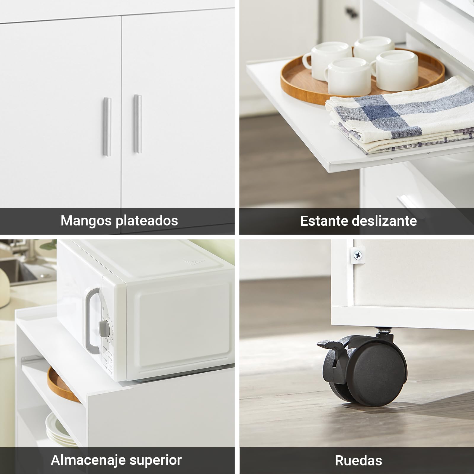 SoBuy Carrito de Cocina con Ruedas y Encimera Extensible Mueble Auxiliar para Microondas, Isla de Cocina Blanca 92x59x40cm para Comedor u Oficina FSB09-W