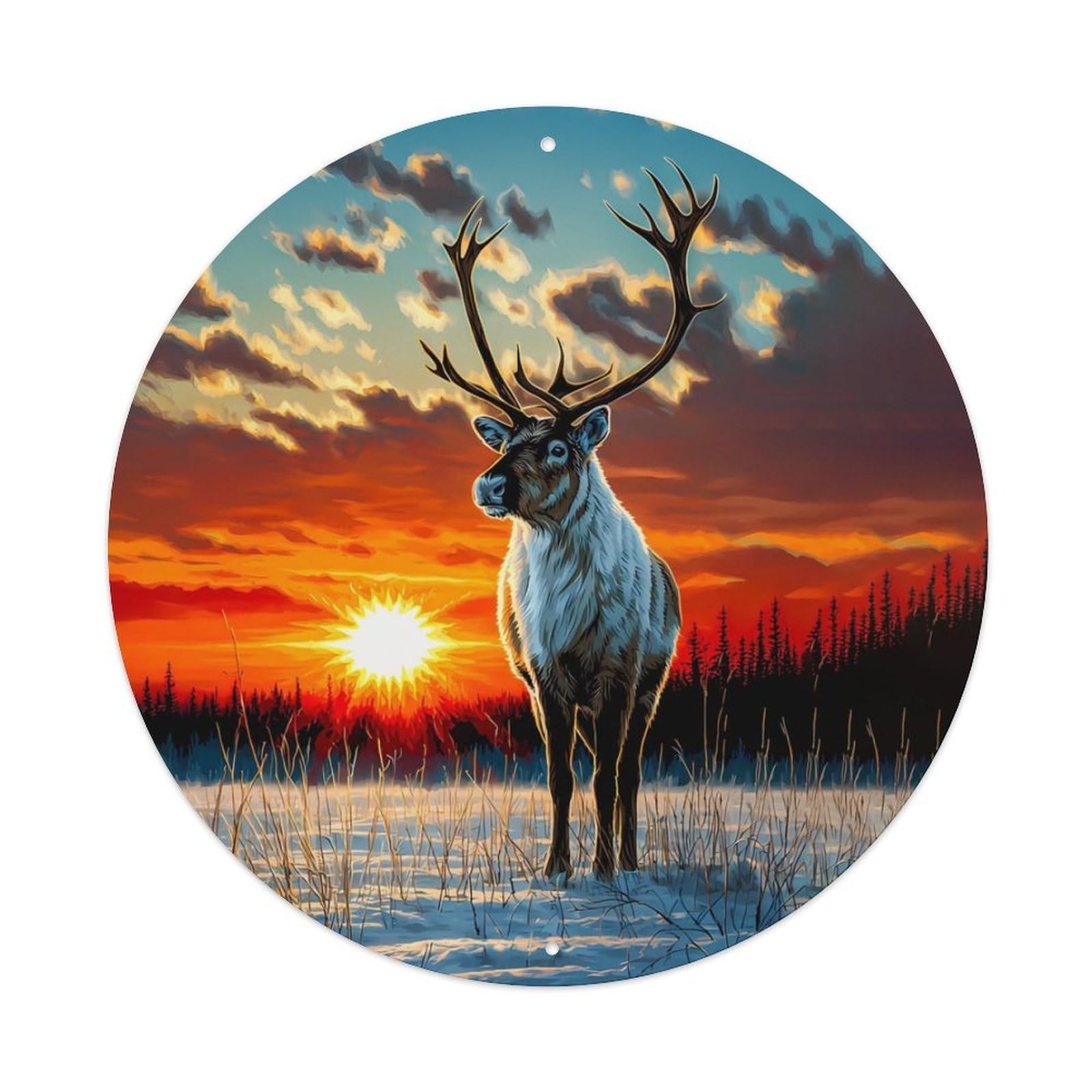 Animal Reindeer Winter Northern Wilderness Sunrise Landscape Vintage Metal Tin Sign Plaque Wall Decor for Cafe, Club Bar, Office, Garden Metal Poster 8x8Inch