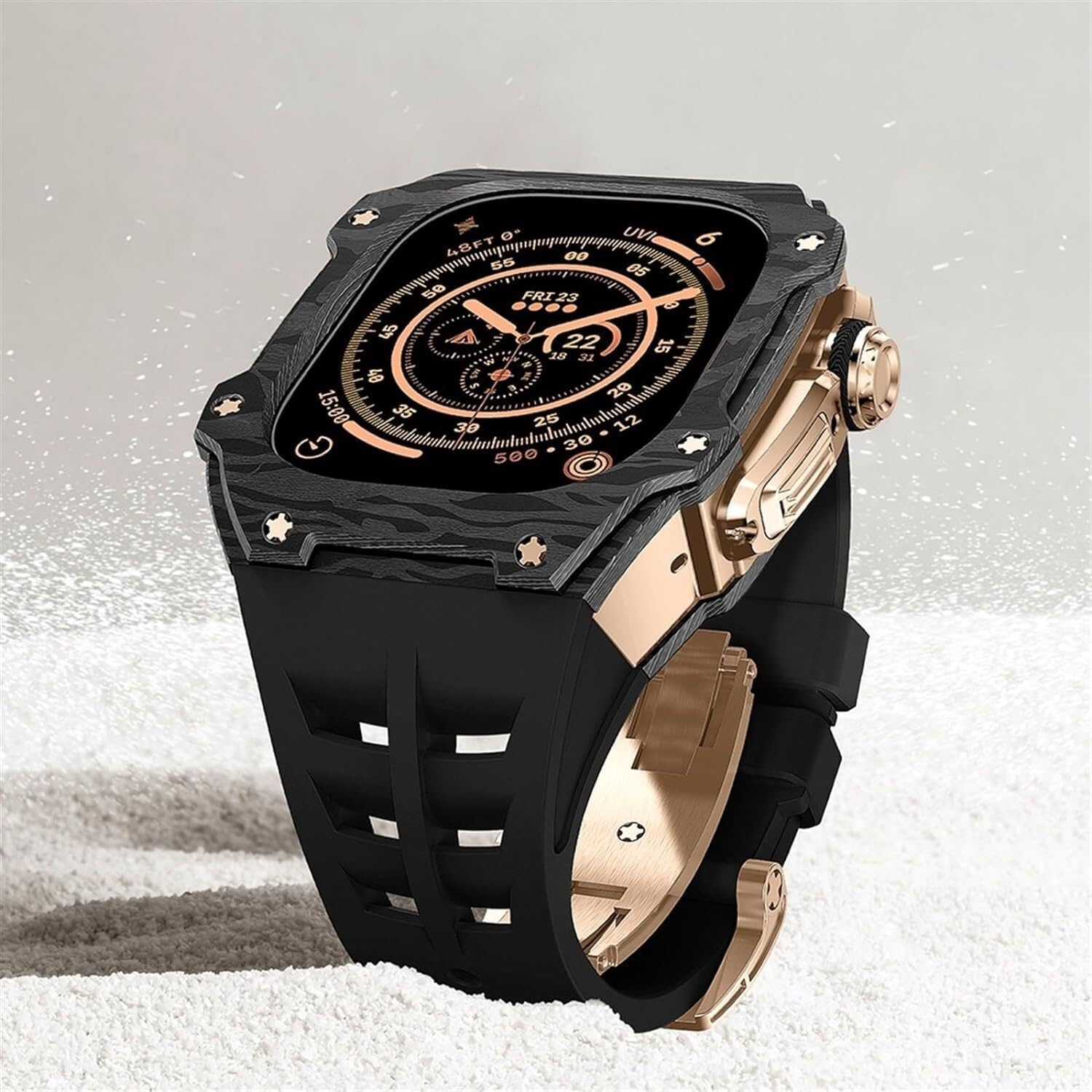Carbon Fiber Titanium Metal Watch Case Rubber Band，For Apple Watch Ultra 2 49mm Replacement Accessories，Rm Style Watch Case Sport Breathable With Folding Buckle Strap