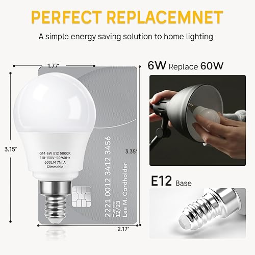 Miniatura 3 de Bombillas LED E12 regulables de 6 vatios (equivalente a 60 W), bombillas LED G14 para ventilador de techo, luz blanca diurna 5000K, bombillas LED