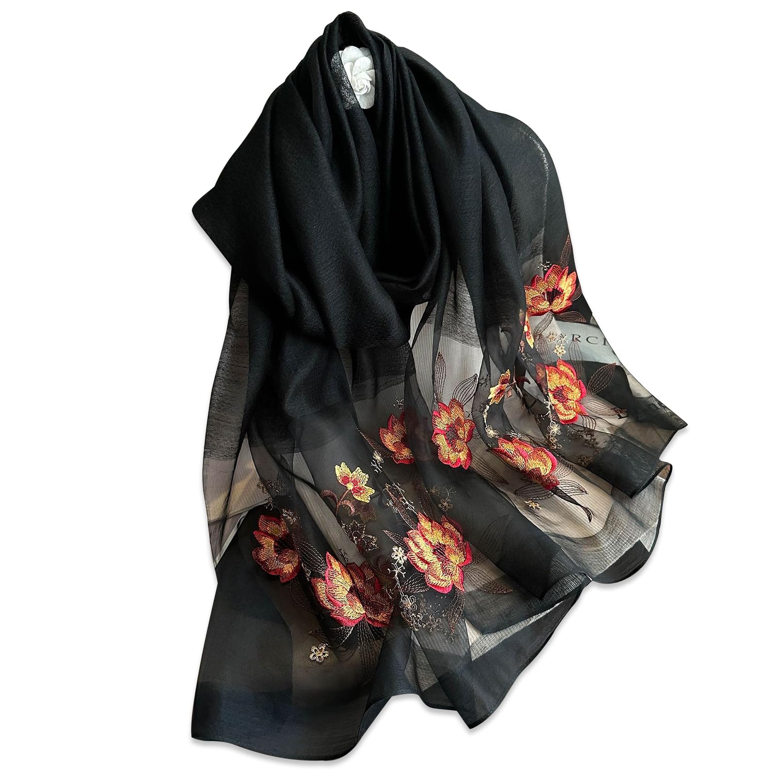 LumiSyne Mulberry Silk Scarf Chiffon Scarf For Women Delicate Lotus Flower Embroidery Transparent Tulle Lightweight Soft Long Scarf Sunscreen Shawl Sheer Wrap Spring Autumn