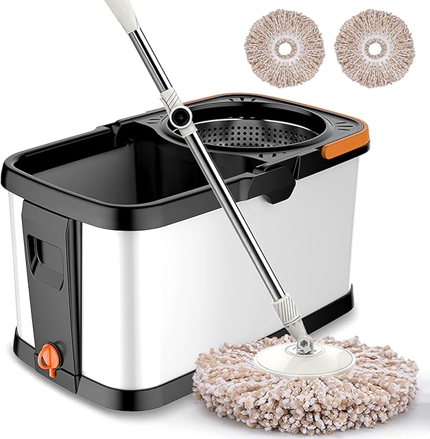 Stainless Steel Mop and Bucket Set,360° Spin Mop with Wringer,2 Replacement Super Absorbent Microfibre Mop Heads and Handle for Cleaning Floors