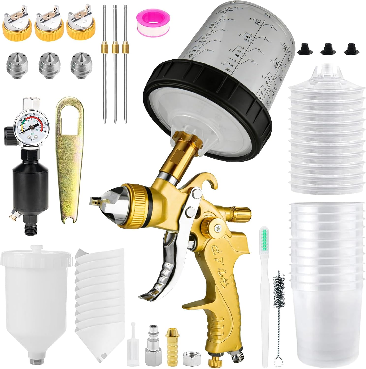 HVLP Spray Gun Kits with 1.4/1.7/2.5mm Nozzles & Air Compressor Regulator, 2 Set Cup Automotive Paint Guns with 10x 650ml Disposable Paint Cups, Paint Sprayer for Cars, House, Furniture (Yellow)