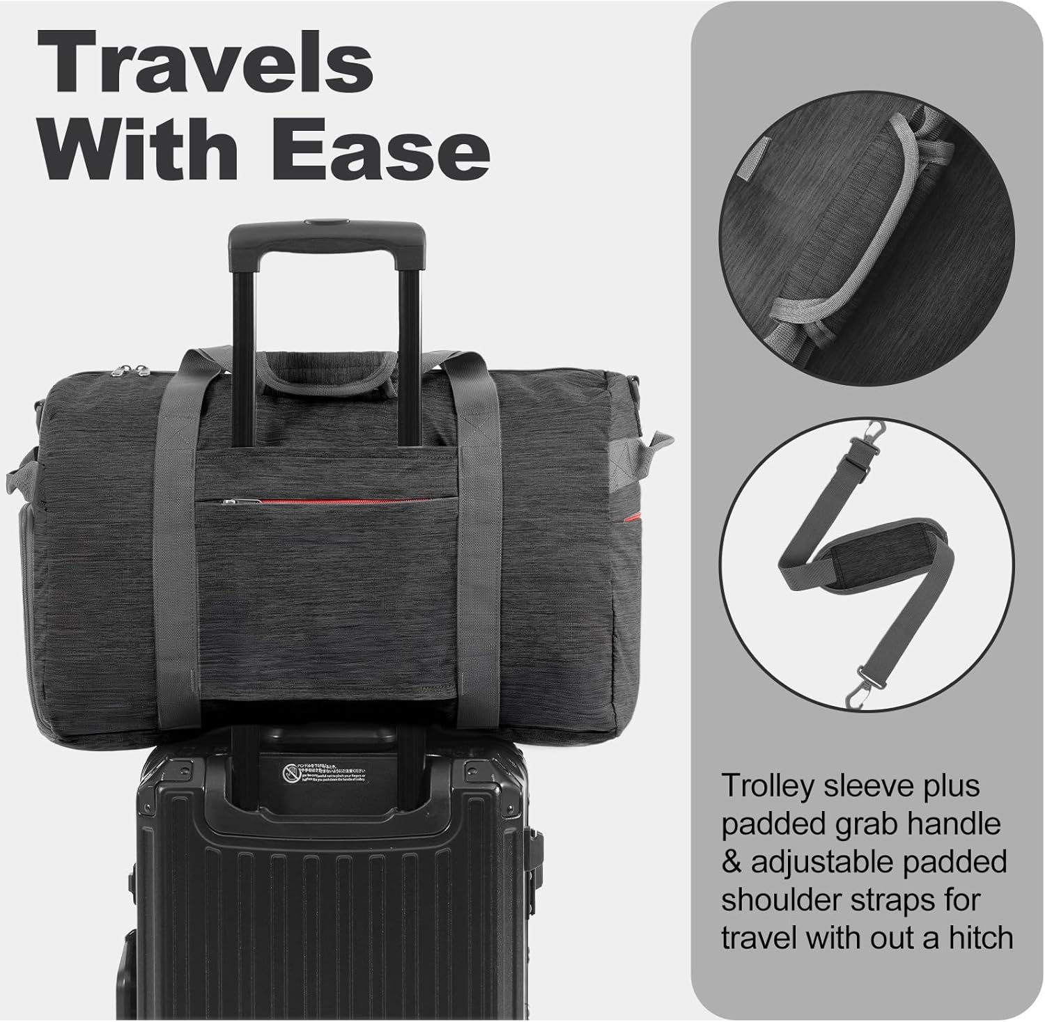 Canway 40L Foldable Duffle Bag for Travel Men & Women Carry On 22"x14"x9" Airline Approved, Small Luggage Overnight Bag with Shoe Compartment, Water-Resistant Gym & Sports Bag - Image 4