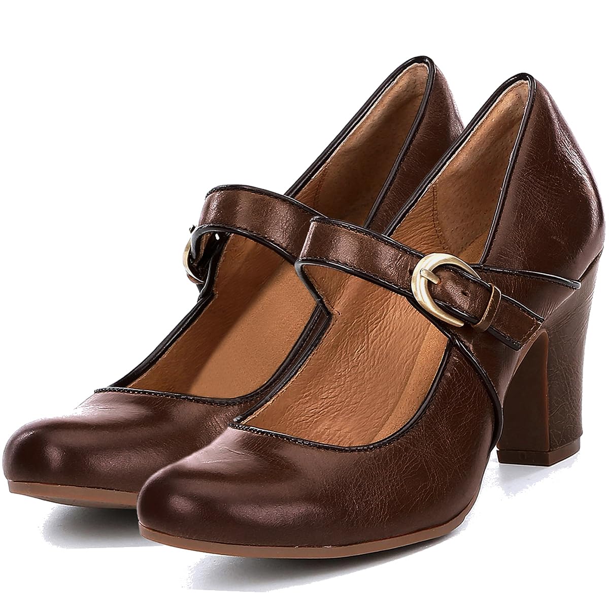 SHODENSE Women Vintage Chunky High Heel Mary Jane Shoes Round Closed Toe Ankle Strap Dress Sandals 3" Block Heels Mary Jane Lolita Pumps Two-Toned