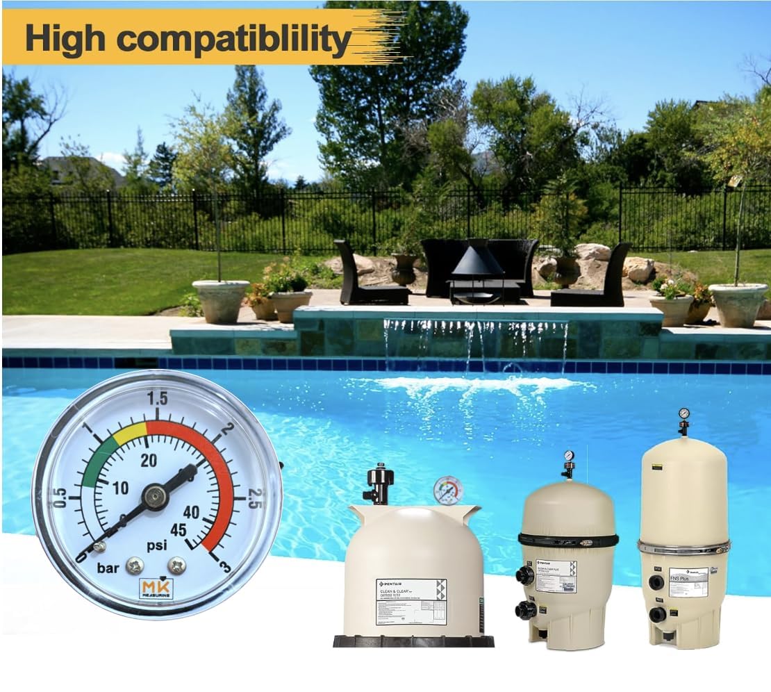 Manomètre de Filtre Piscine 0-3 Bar / 45 PSI, Raccord Laiton 1/4" NPT connexion axial, Cadran 2", Pour Filtre à Sable – Avec Téflon et Adaptateur 1/8"
