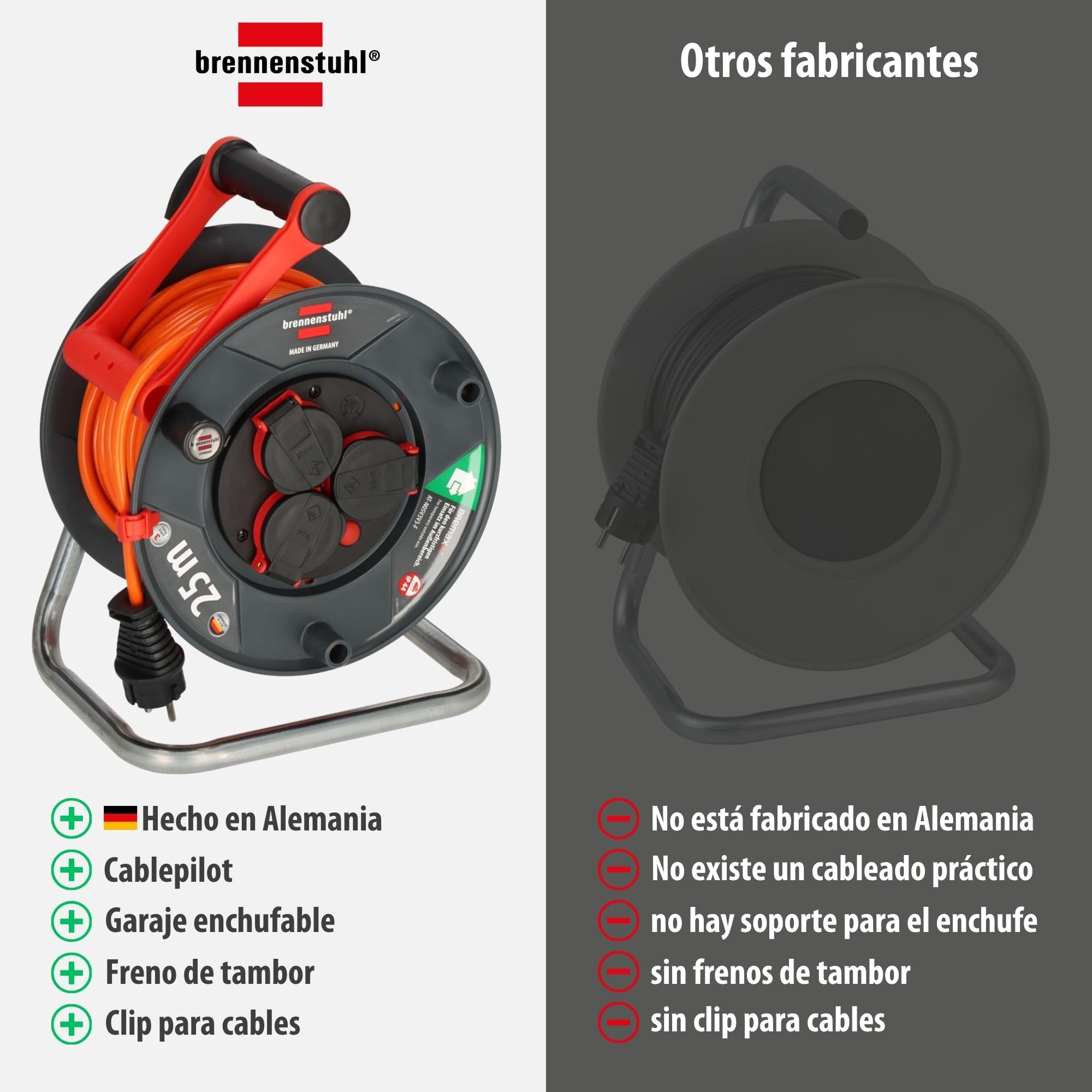 Brennenstuhl Garant V2 IP44 Enrollacables 25m exterior (Fabricado en Alemania, 3 conexión a tierra-enchufes, protección contra sobrecalentamiento, uso a corto plazo en exteriores)