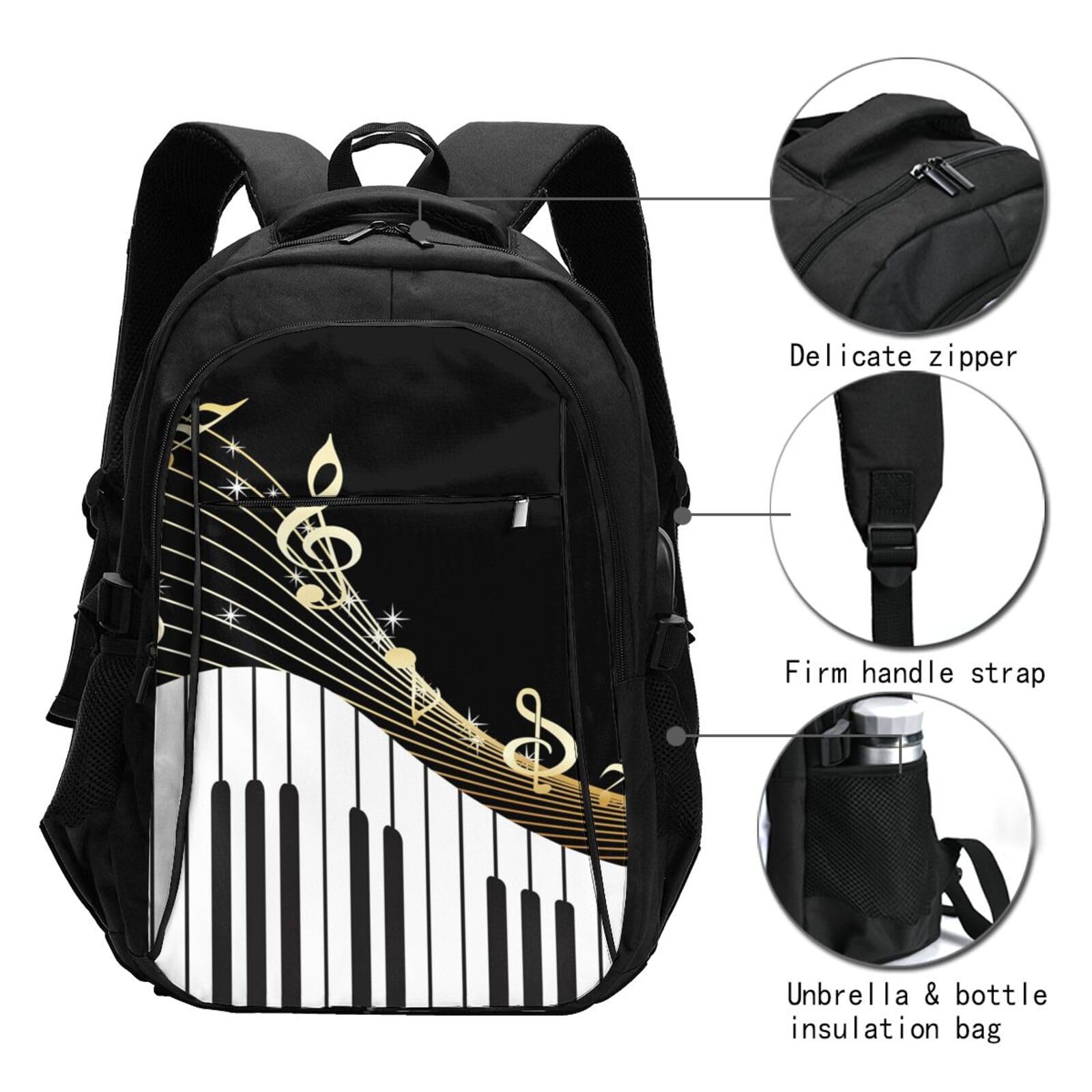 InOmak Schwarze Musiknoten, Reiserucksack, Freizeitrucksack, Schulrucksack, Laptop-Rucksack für Damen und Herren