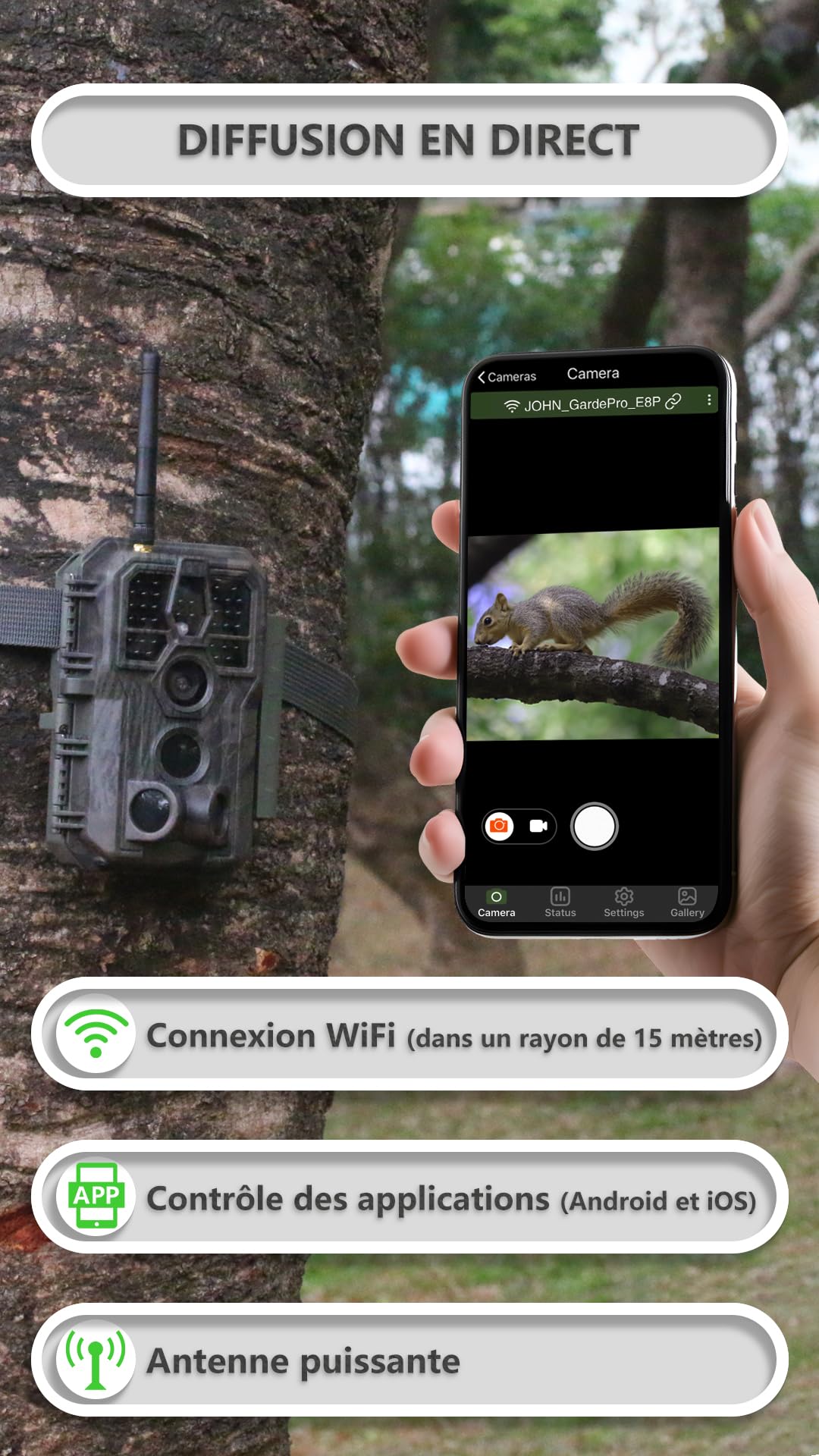 GardePro E8P Max Caméra de Chasse, WiFi, Batterie Rechargeable 8000 mAh, Carte SD Intégrée, 64MP 1296P, Caméra E8PMB No Glow Infrarouge Vision Nocturne