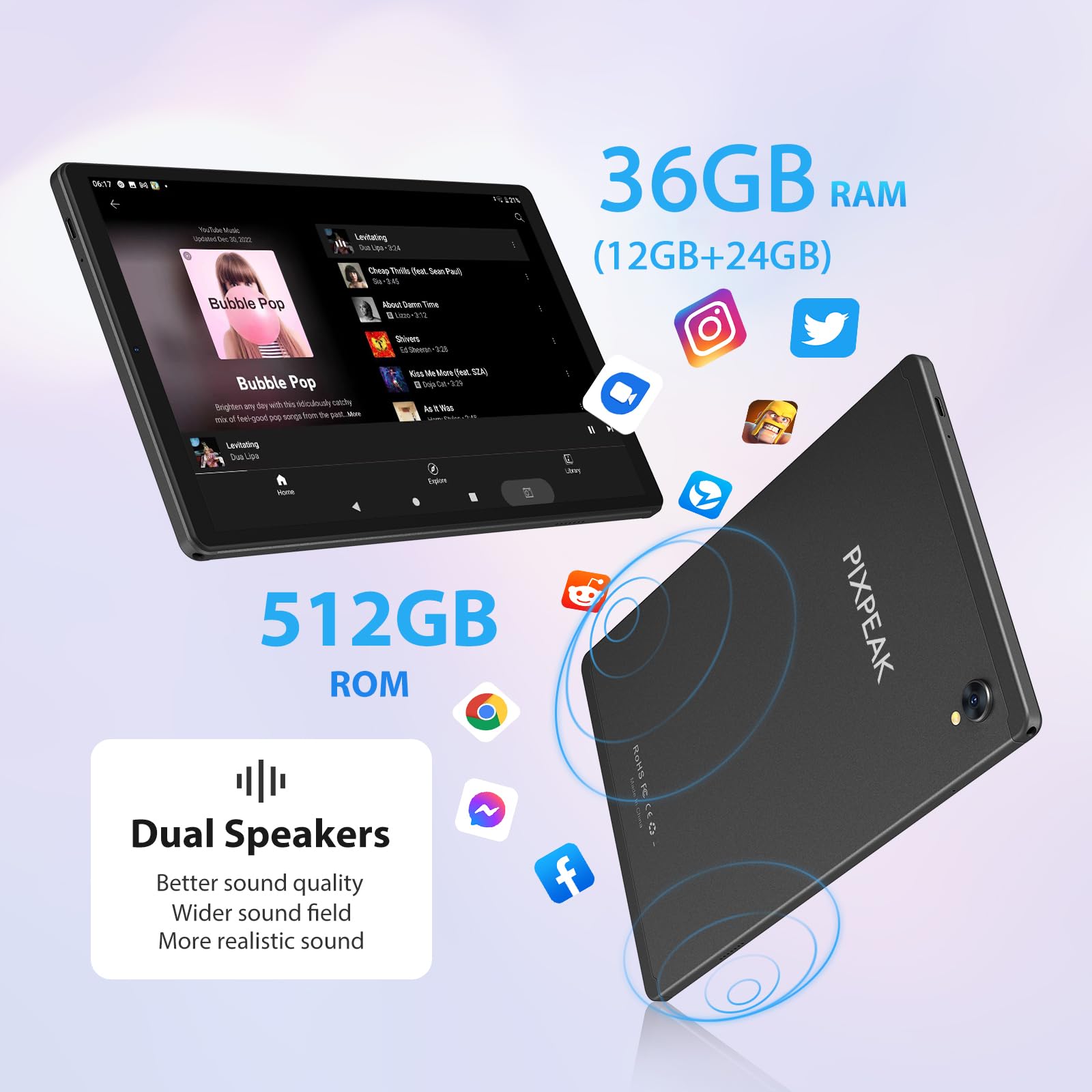 PIXPEAK Tablet 10.6 Pollici Android 15, 4G SIM Lte & 5G WiFi, 36GB RAM, 512GB ROM (TF 1TB), 2000*1200, Widevine L1, 13+8MP, GPS, Octa-Core, Tablet in offerta con tastiera|Mouse|Custodia|Cuffie (Nero)