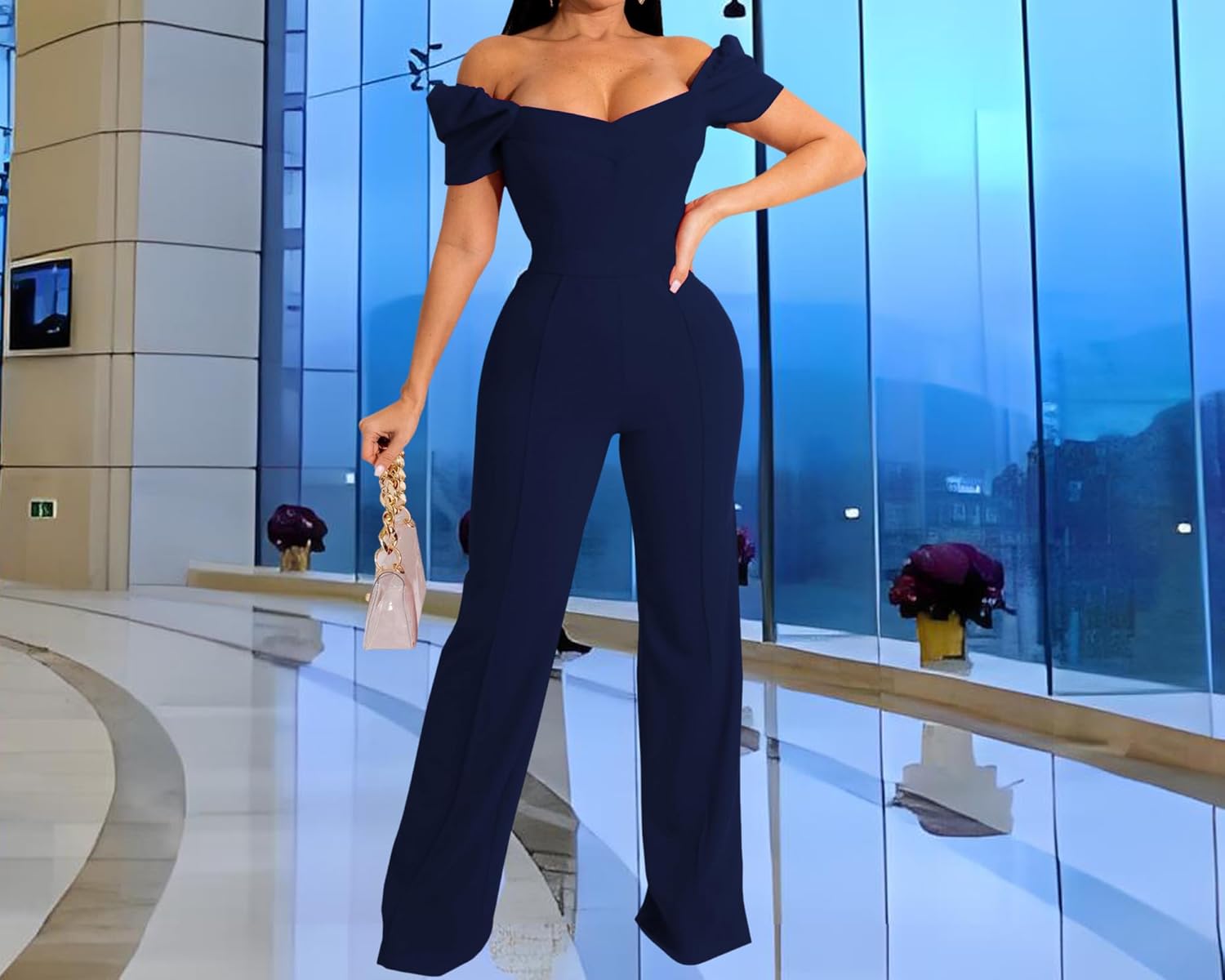Women's Elegant Sexy Off Shoulder Short Sleeve Wide Leg Pants Long Pant Onesie Clubwear Party Dressy Jumpsuits
