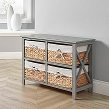 Home Source Wooden Storage Cabinet Chest Water Hyacinth Basket Hallway Organiser Unit, Grey, 4 Drawer