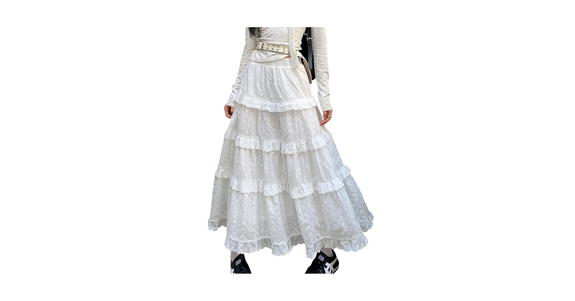 スカート girly lace frill long skirt (white) Women's Y2K Boho Ruffle Lace White Maxi Skirt Tiered Long