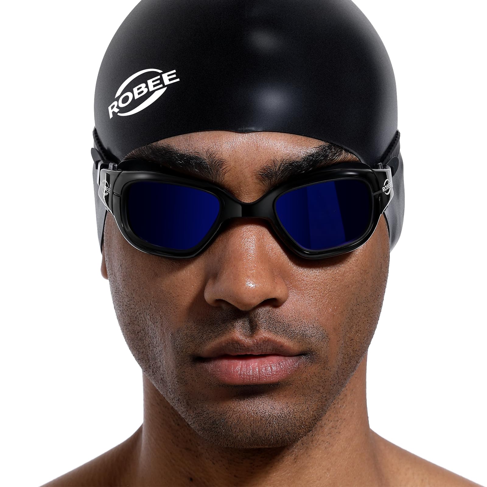 Robee Schwimmbrille, Schwimmkappe und Brillenetui, polarisierte Schwimmbrille, Silikonkappe für Erwachsene, Herren, Damen