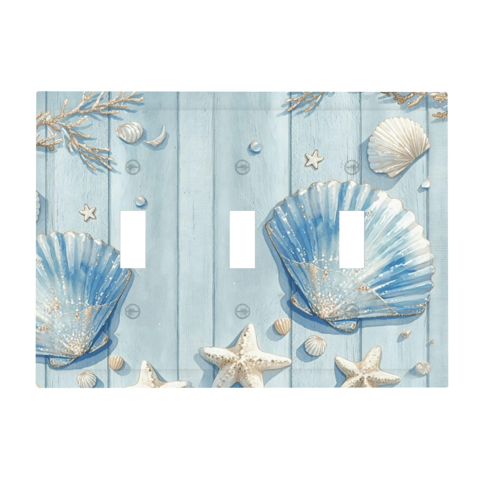 Dwbguo Decorative Light Switch Plate Covers Coastal Seashell Starfish 3 Gang Artistic Wall Plate Unique Nautical Watercolor Blue Wood Beach Triple Toggle Light Switch Covers for Bathroom Home Decor