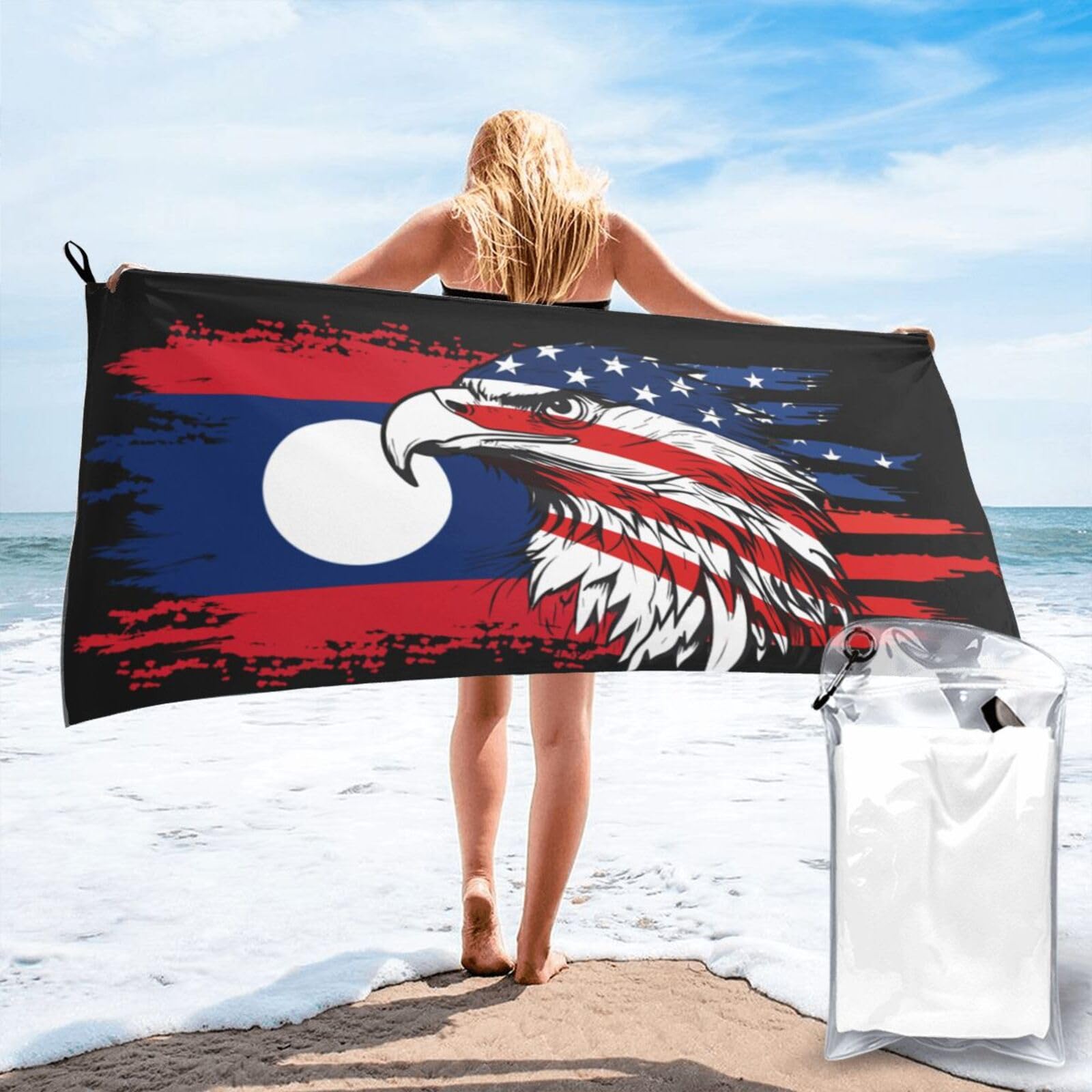 HACXZ America Flag and Laos Lao Flag Microfiber Beach Towel Lightweight Absorbent Travel Pool for Men Women 31.5"X63"