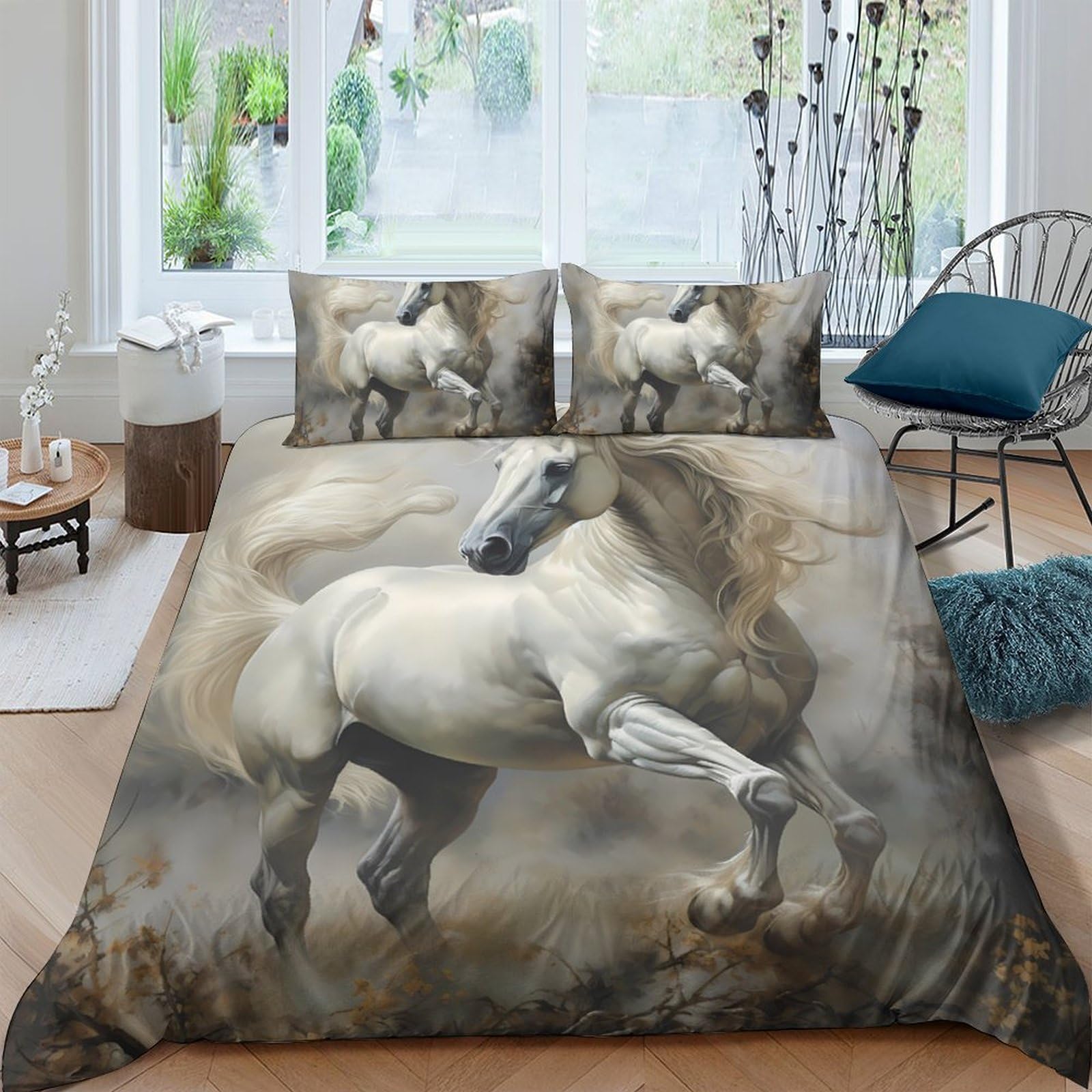 Ctjqhvkz Style-5 3D Printed White Horse Fitted Sheet Microfiber Soft Breathable Wild Stallion Mattress Cover For Bedroom Dorm Decor Single（135X200cm）