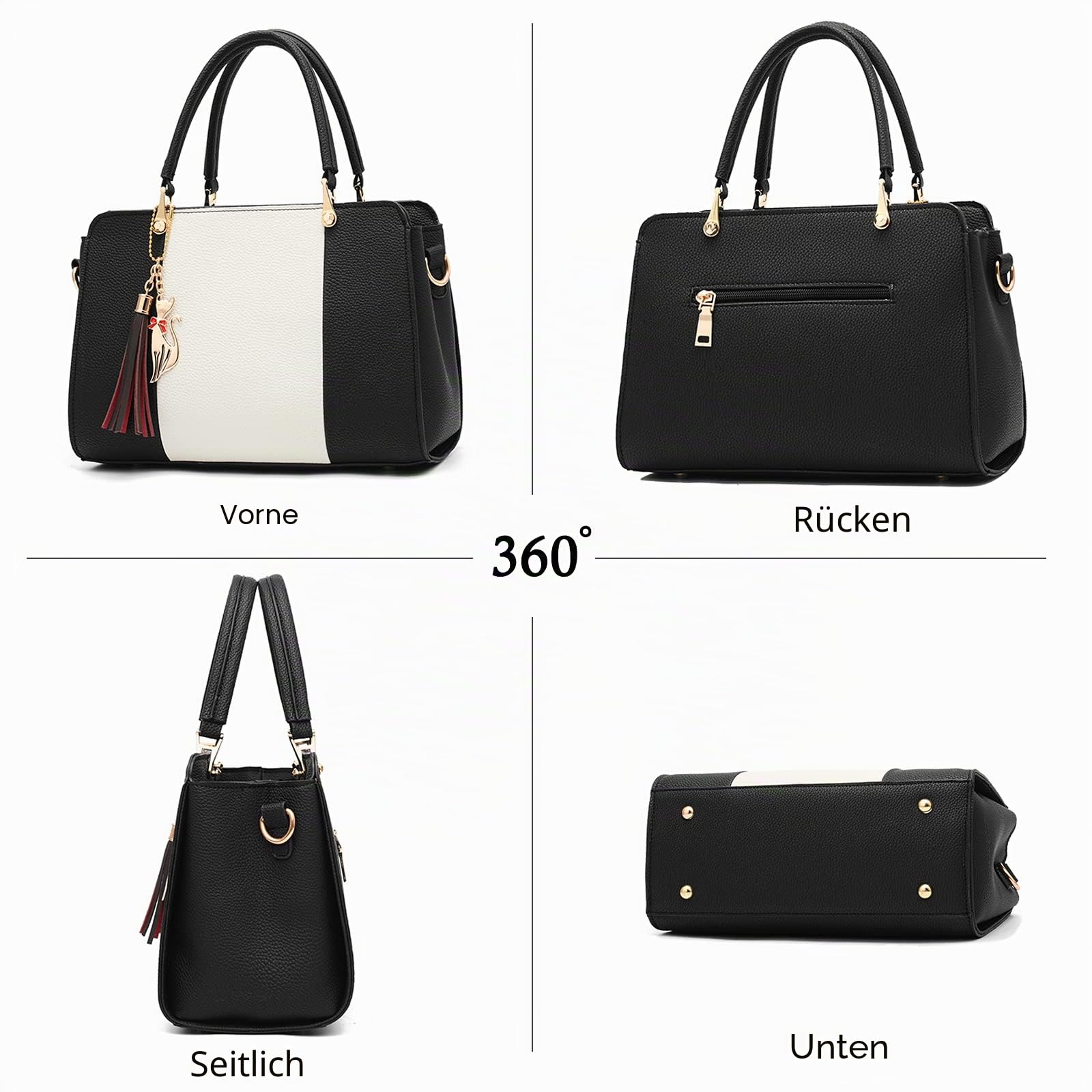 FANDARE Elegante Handtasche mit Anhänger Damen Umhängetaschen Frauen Schultertasche Wasserdicht für Einkauf Arbeitstasche Reisen Crossbody Bag Schwarz