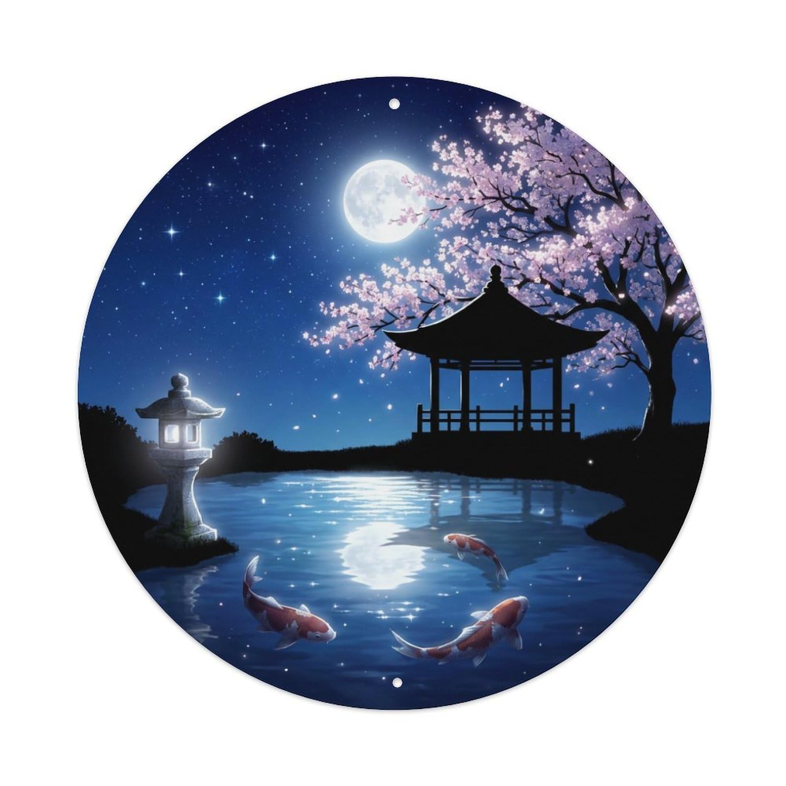Galvaxio Style Japanese Koi Fish Moonlit Garden Silver Night Metal Tin Sign