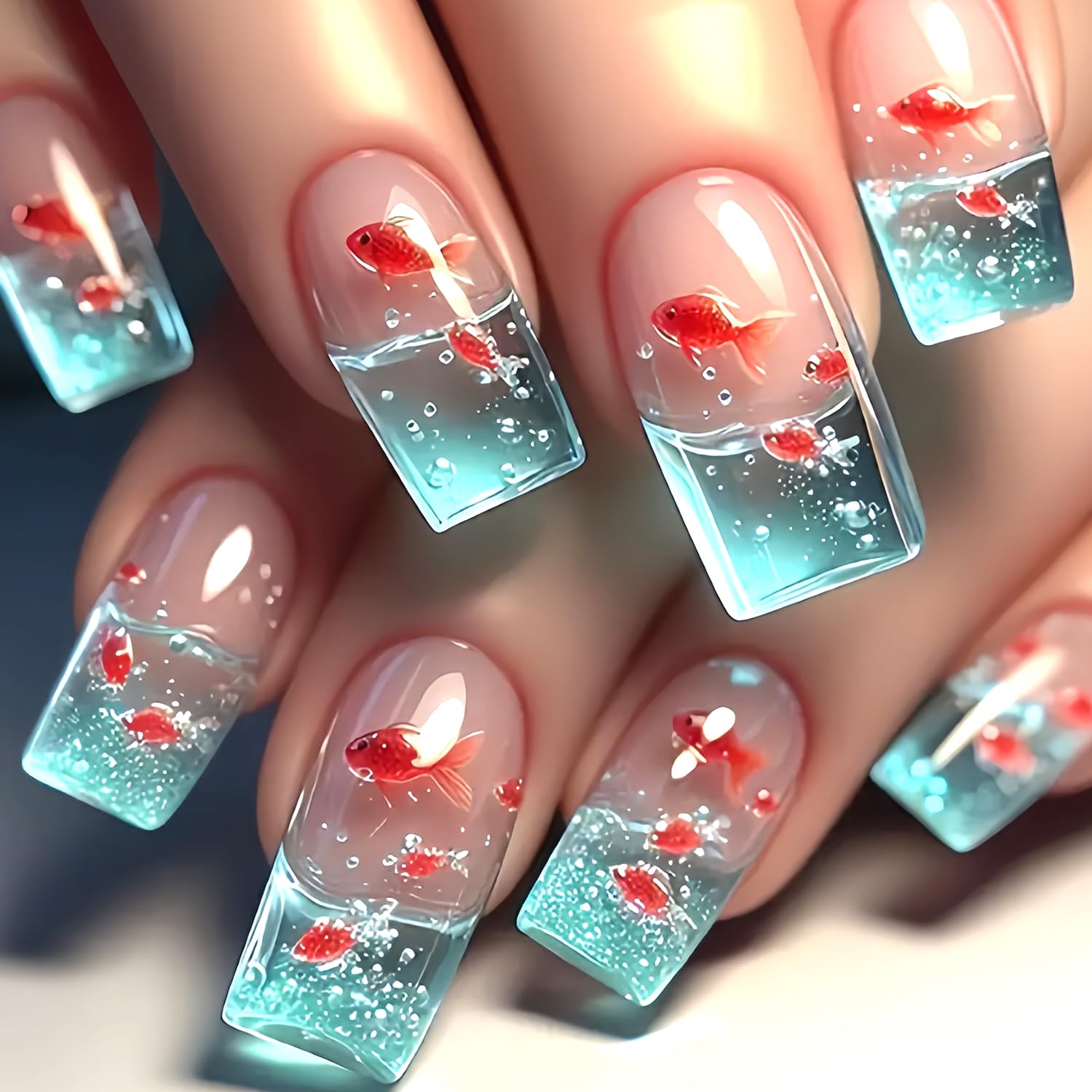 Square Press on Nails Medium Length Artificial Acrylic Fake Nail Gold Fish with Bubbles Pattern Design Blue French Glossy Stick on Nail Full Cover Reusable Press Ons Coffin False Nail for Women 24Pcs