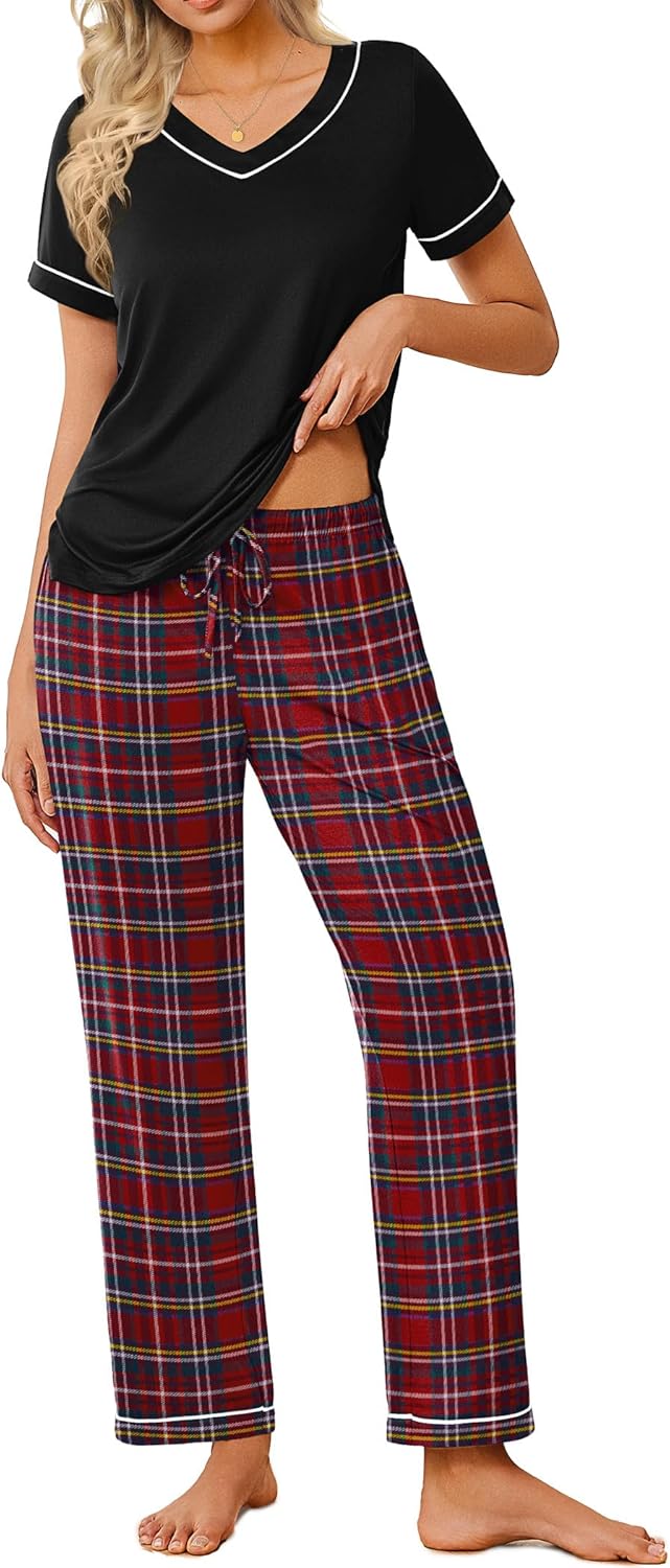 Ekouaer Pajamas for Women Set 2 Piece Lounge Set Soft Pajama Sets Short Sleeve and Pants Pj Sets Loose Sleepwear with Pockets