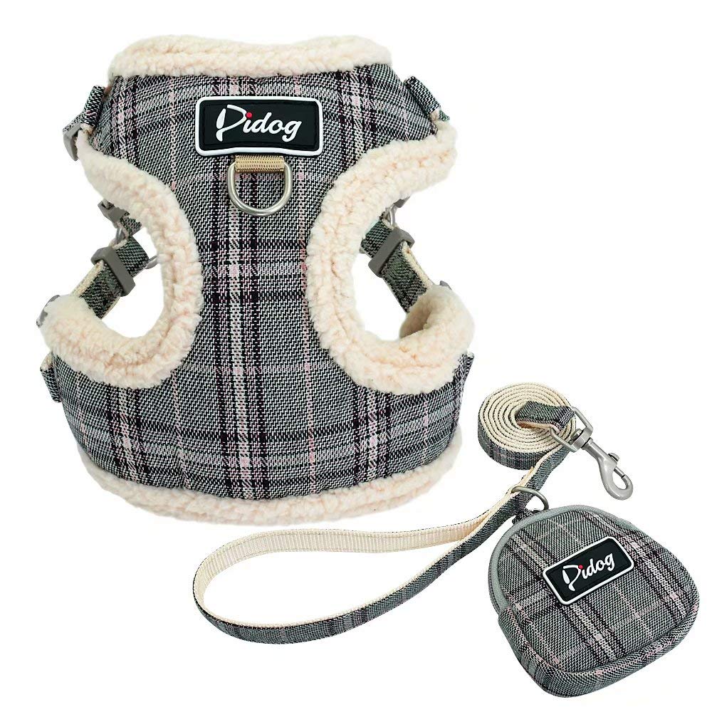 DidogSoft/Cosy Dog Vest Harness and Leash Set with Cute Bags, Classic Plaid Back Openable and Adjustable Dog harness, Fit Small Dogs, cats,Gray,S Size