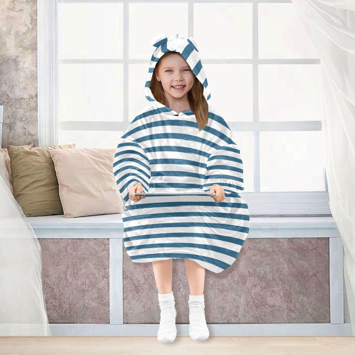 Wiosna lato w paski granatowy dziecięcy koc do noszenia bluza z kapturem oversize bluza koc sweter w paski dla chłopców i dziewcząt w wieku 3-14 lat