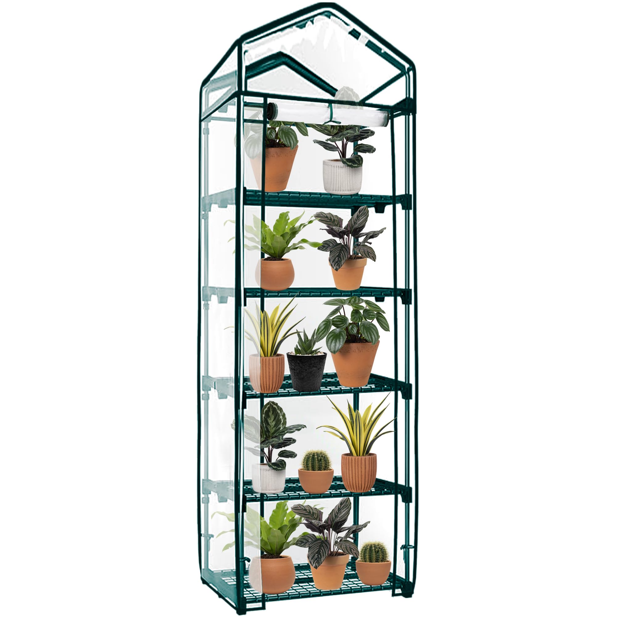 Springos Mini Serra Balcone 5 Ripiani 70x50x190cm Verticale Copertura Pellicola Verde Struttura Metallo 130g/m² Chiusura Lampo Struttura Resistente Protezione Piante