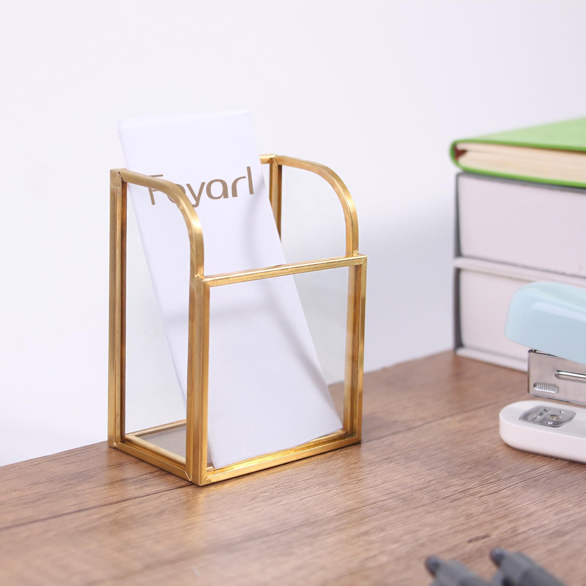 Feyarl Glass Business Card Holder Stand Gold Vertical Business Card Display Holder Business Name Card Organizer Storage for Office Desktop Countertop (1 Piece - Image 3