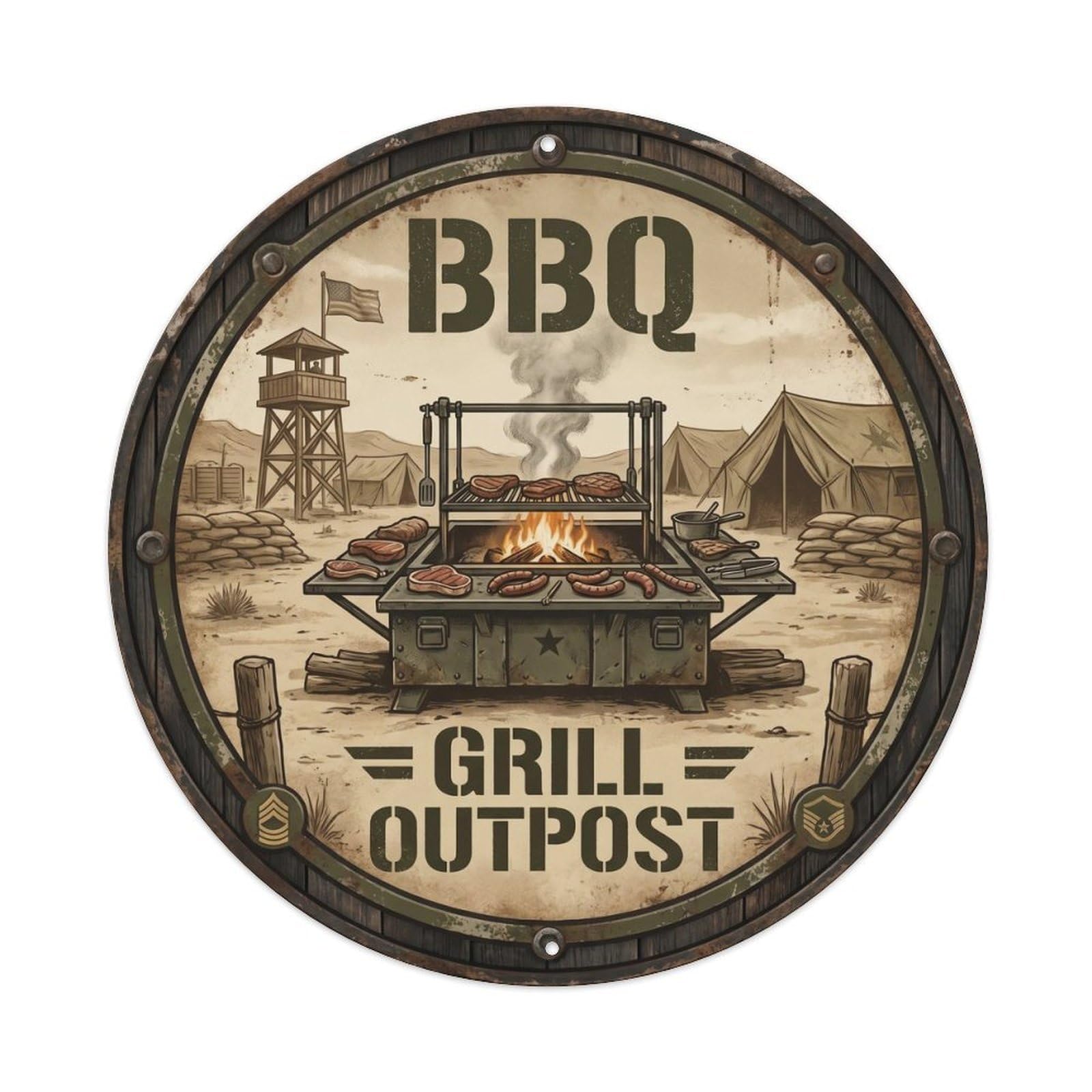 BBQ Barbecue Grill Outpost Vintage Metal Tin Sign Plaque Wall Decor for Cafe, Club, Garden Round Metal Poster 8x8Inch