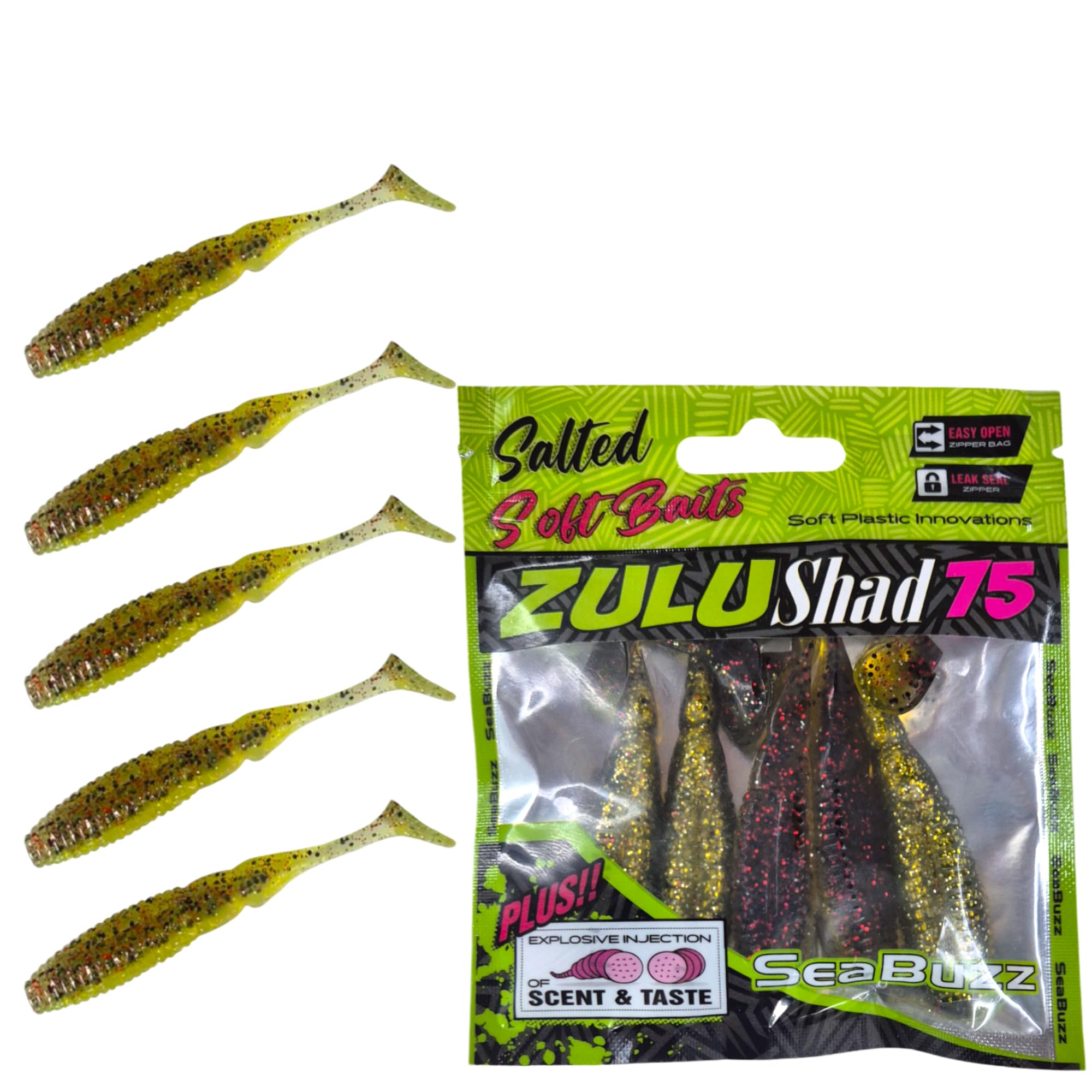 Zulu Shad - Set di esche da pesca in gomma, 5 pezzi x 75 mm, per luccioperca, pesce persico