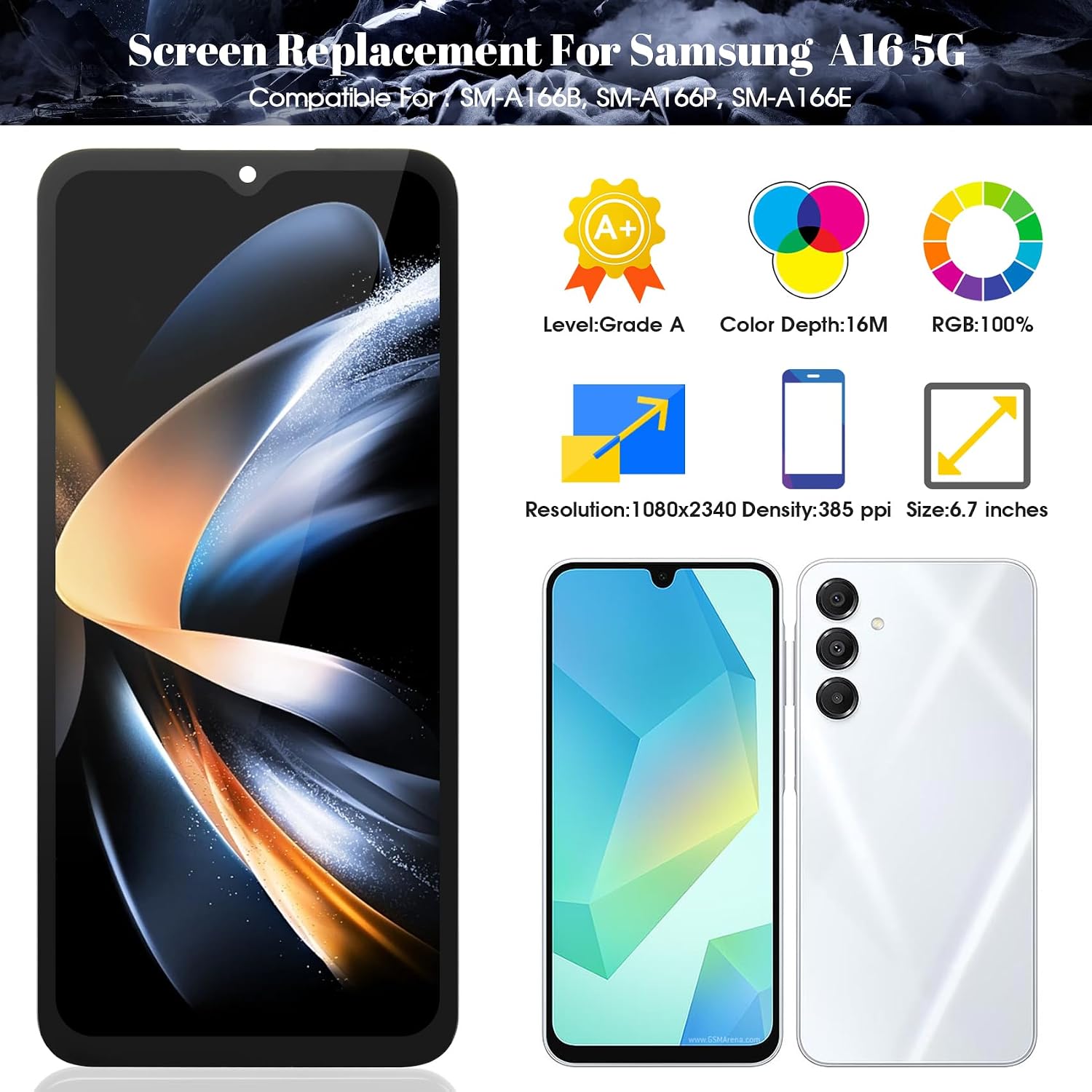 Detailed specifications of the replacement screen including A+ quality, 16 million colors, 1080x2340 resolution, 385 ppi density, and 6.7 inch size.