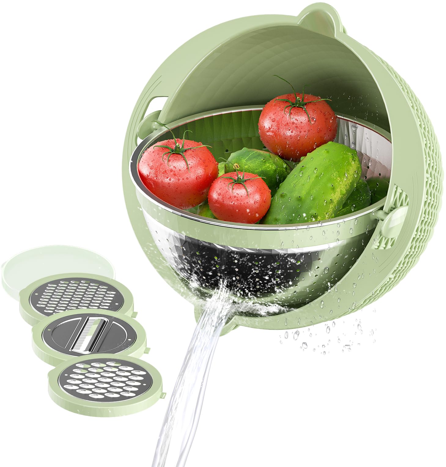 Stainless Steel Colander Set with Lid, Mixing Bowl and 3 Grater Attachments - Green