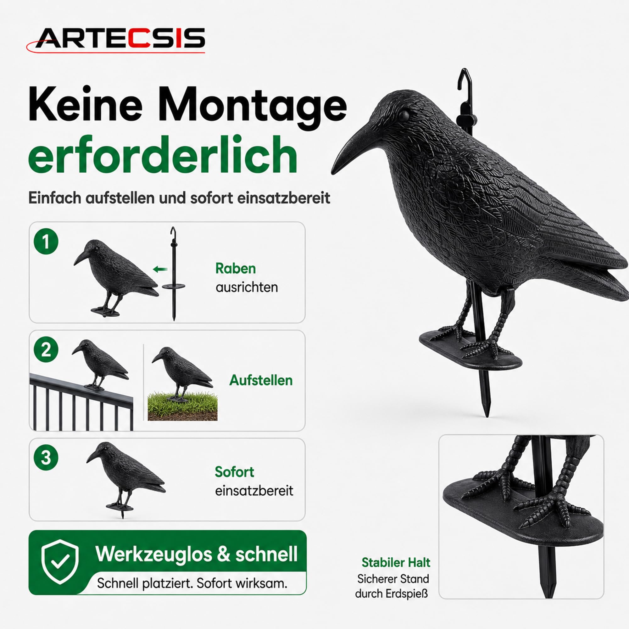 ARTECSIS® Set da 6 corvo finto in plastica anti piccioni e uccelli (38x13x12 cm) - sagoma di corvo resistente alle intemperie per balcone e giardino - spaventapasseri realistico per allontanare