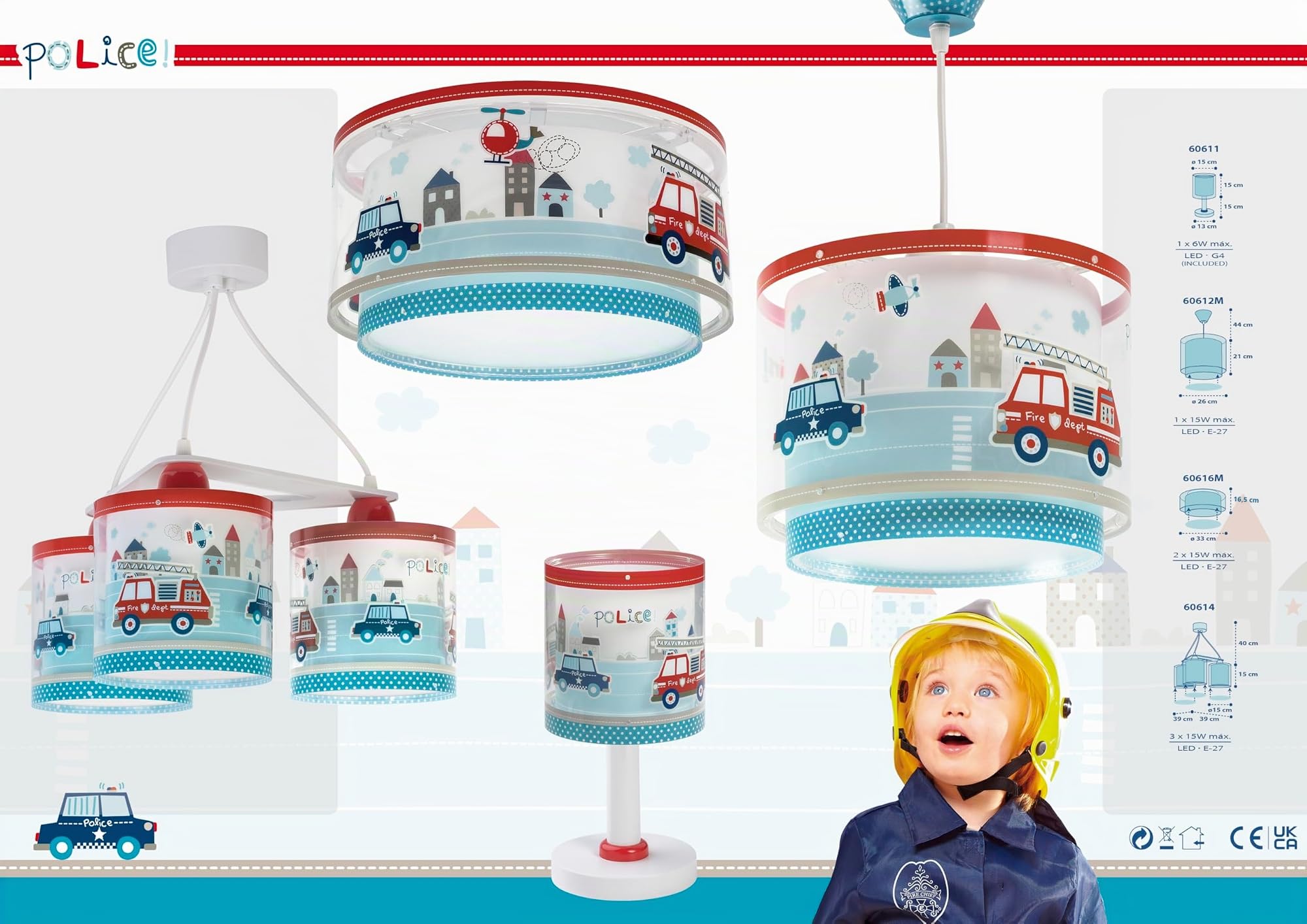 Dalber Kinder Deckenlampe Police Polizei Autos 60616M | Deckenleuchte; Kinderzimmer; Jungenzimmerlampe; E27 - 2 x 15W