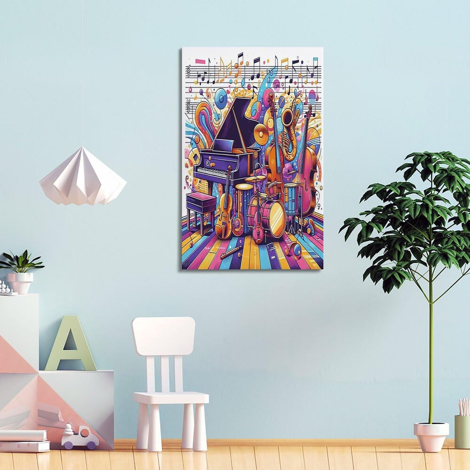 Poster per festival musicali, stile anime, note in movimento, vari tipi di strumenti musicali, poster decorativo da parete su tela e stampa artistica moderna per camera da letto, poster decorativo per