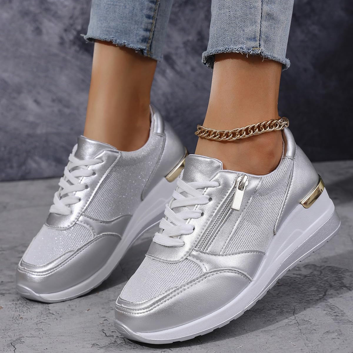Basket Femme Chaussures à Lacets Sneakers Wedge Basket Compensées Chaussures de Marche